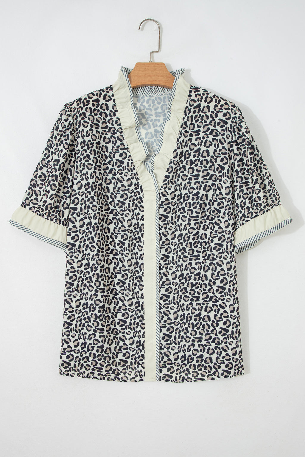 Plus Size Black Frilled V-Neck Short Sleeve Blouse With Leopard Print & Striped Color Block Trim