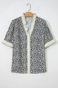 Plus Size Black Frilled V-Neck Short Sleeve Blouse With Leopard Print & Striped Color Block Trim