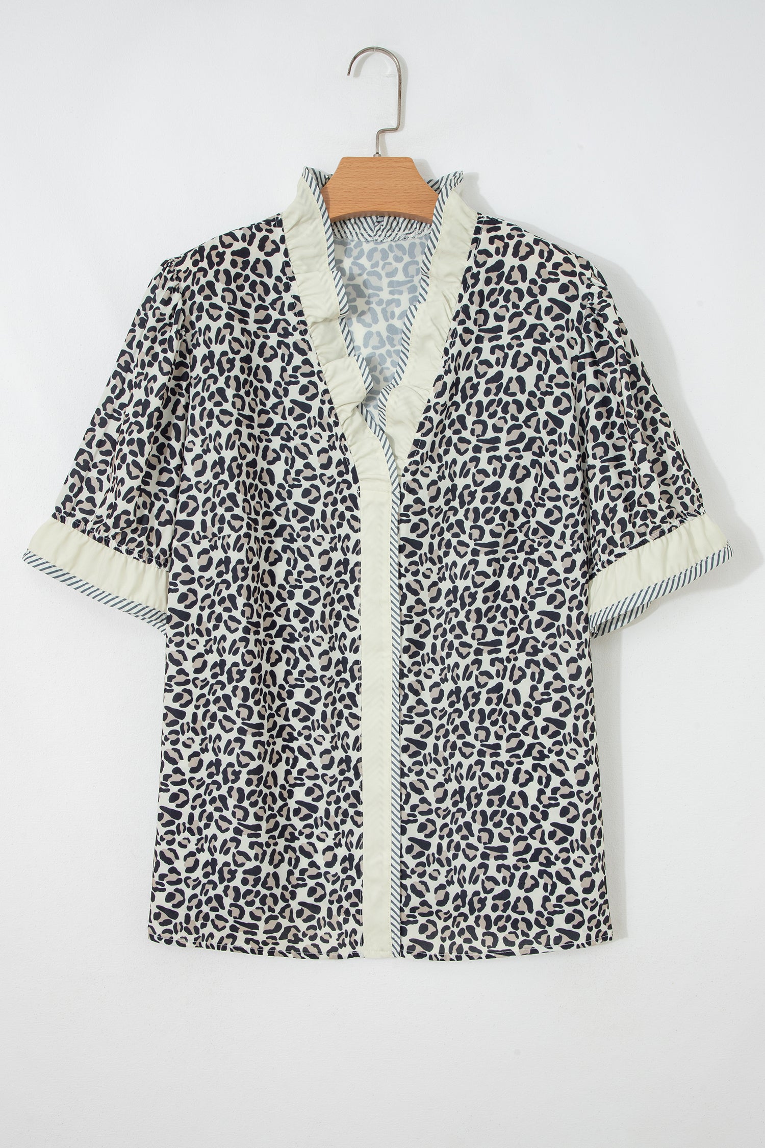 Plus Size Black Frilled V-Neck Short Sleeve Blouse With Leopard Print & Striped Color Block Trim