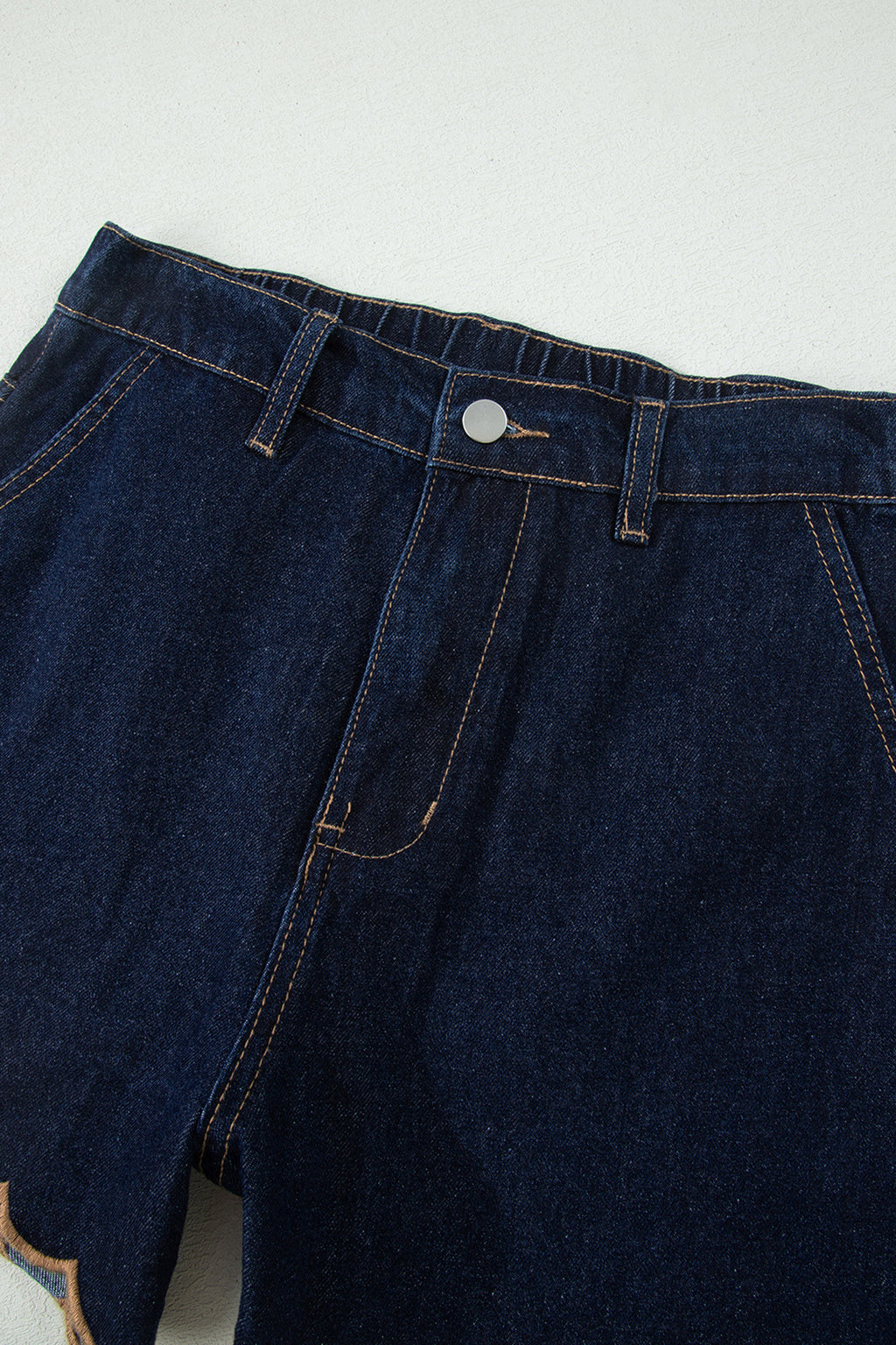Navy Blue Relaxed Denim Shorts With Embroidered & Scalloped Trim