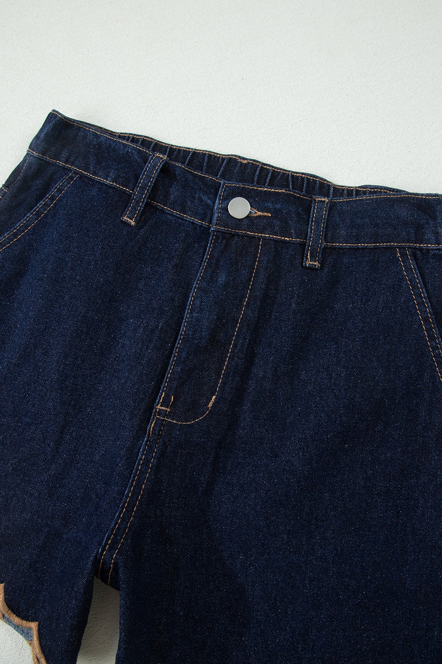 Navy Blue Relaxed Denim Shorts With Embroidered & Scalloped Trim