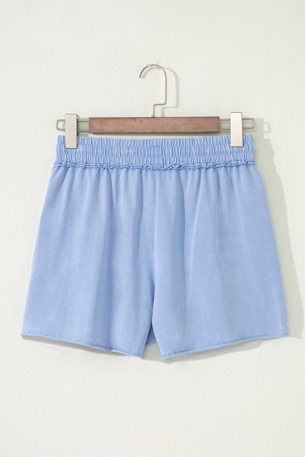 Sky Blue Mineral Washed Raw Cut Shorts With Elastic Drawstring Waste