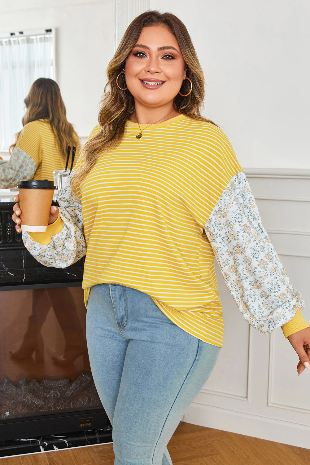 Plus Size Yellow Stripe Patchwork Top With Contrast Floral Sleeves