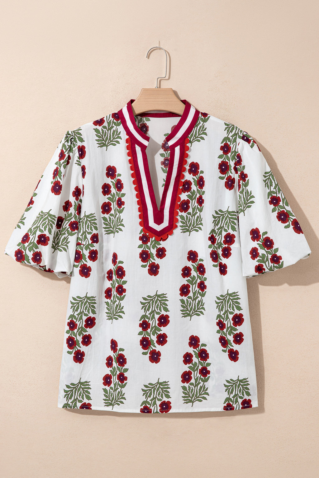 Plus Size White Short Sleeve Cotton Blouse With Floral Print Ricrac Striped Trim