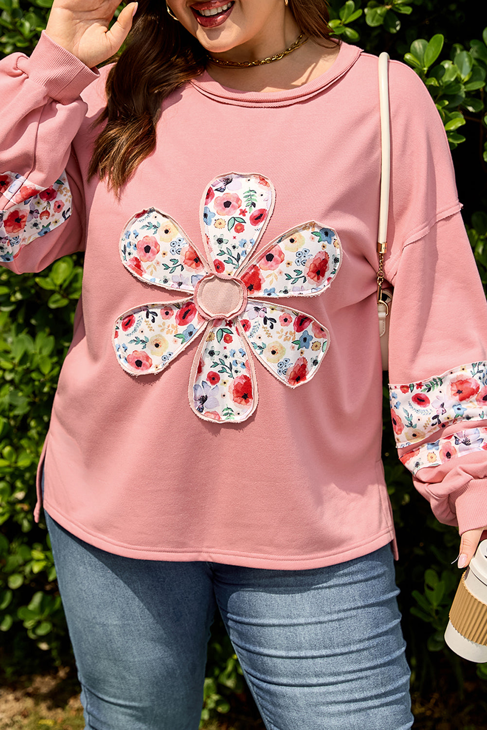 Plus Size Peach With Floral Applique Drop Shoulder Sweatshirt