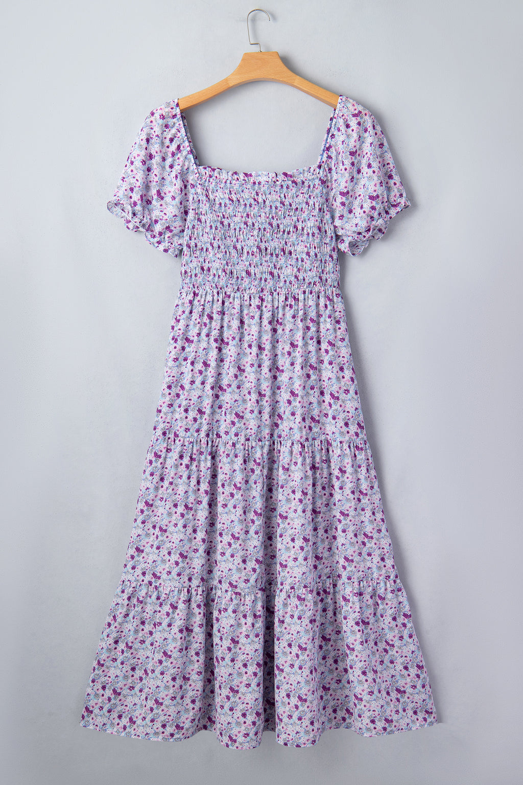 Plus Size Purple Floral Print Smocked Maxi Dress With Square Neck