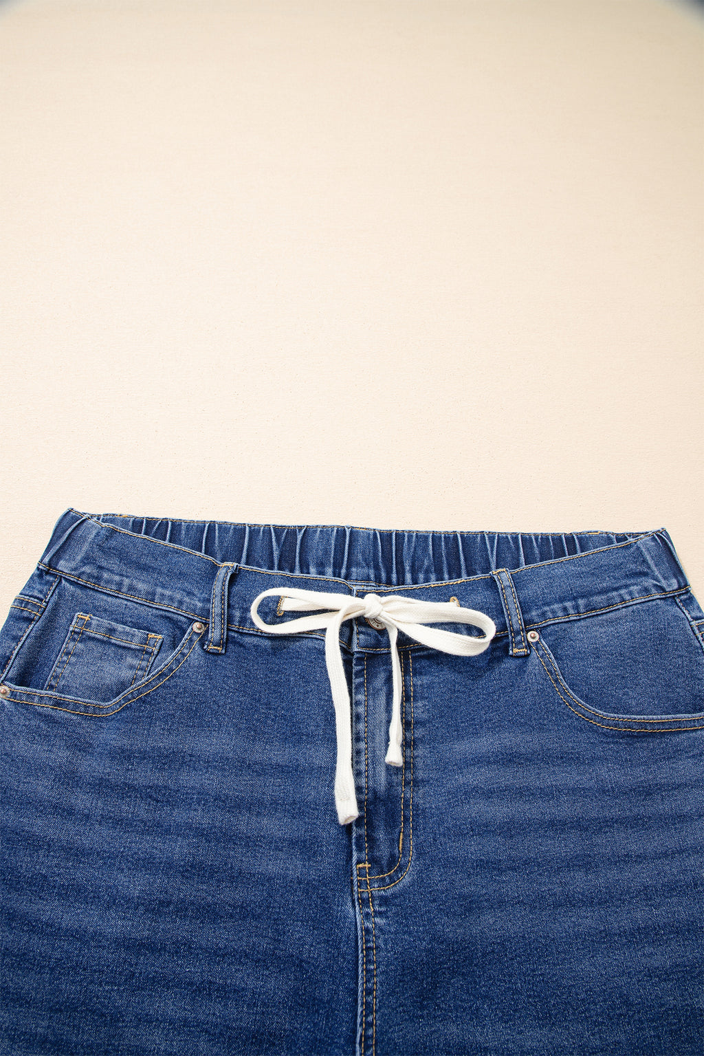Plus Size Dark Blue Acid Wash Jeans With Drawstring