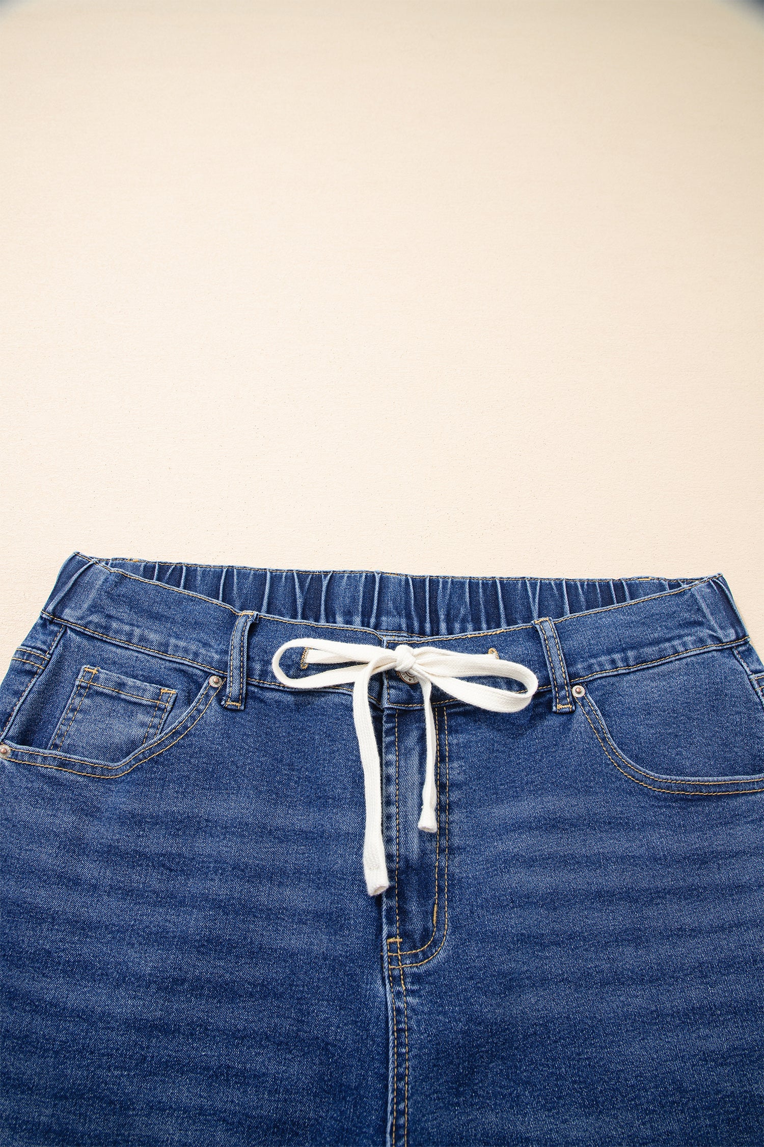 Plus Size Dark Blue Acid Wash Jeans With Drawstring