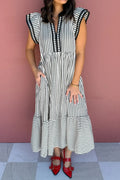 Plus Size Black Stripe Slit V-Neck Tiered Maxi Dress With Flutter Sleeves