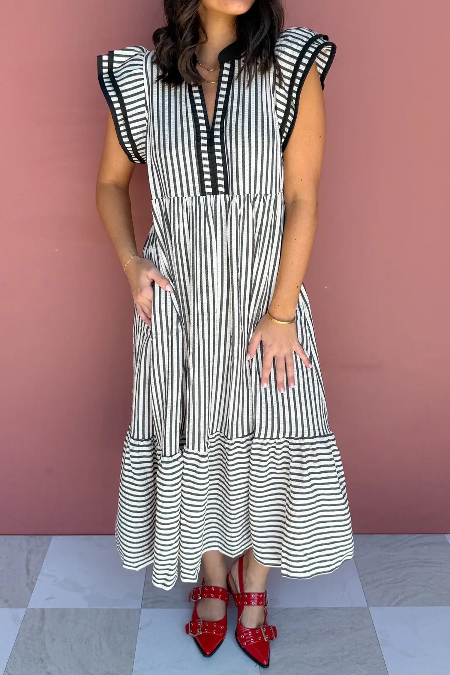 Plus Size Black Stripe Slit V-Neck Tiered Maxi Dress With Flutter Sleeves