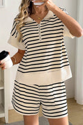 Black Stripe Ribbed With Color Block Trim Zip Polo Tee & Drawstring Shorts 2pcs Outfit