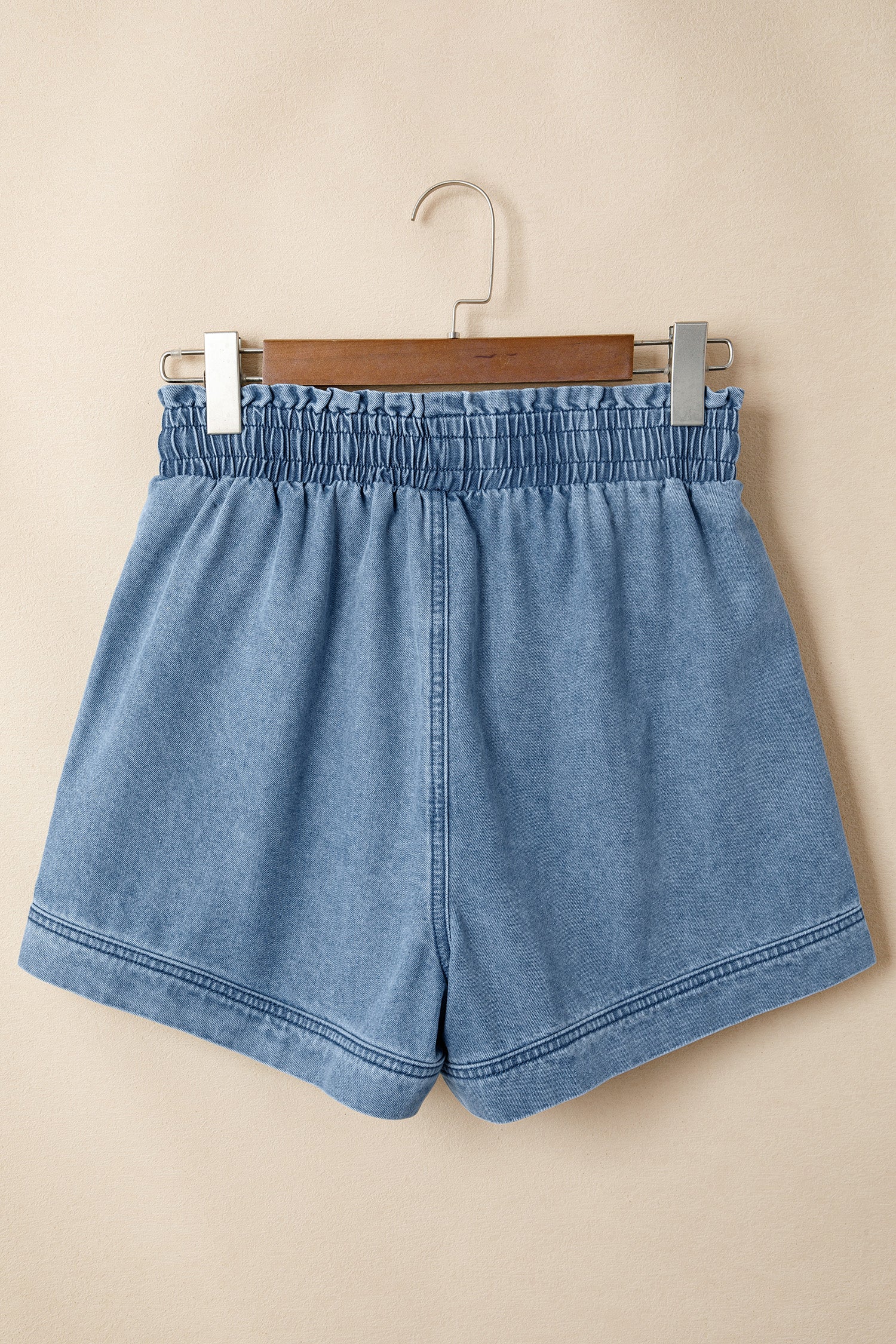 Dusk Blue Smocked Denim Shorts With Elastic Waist