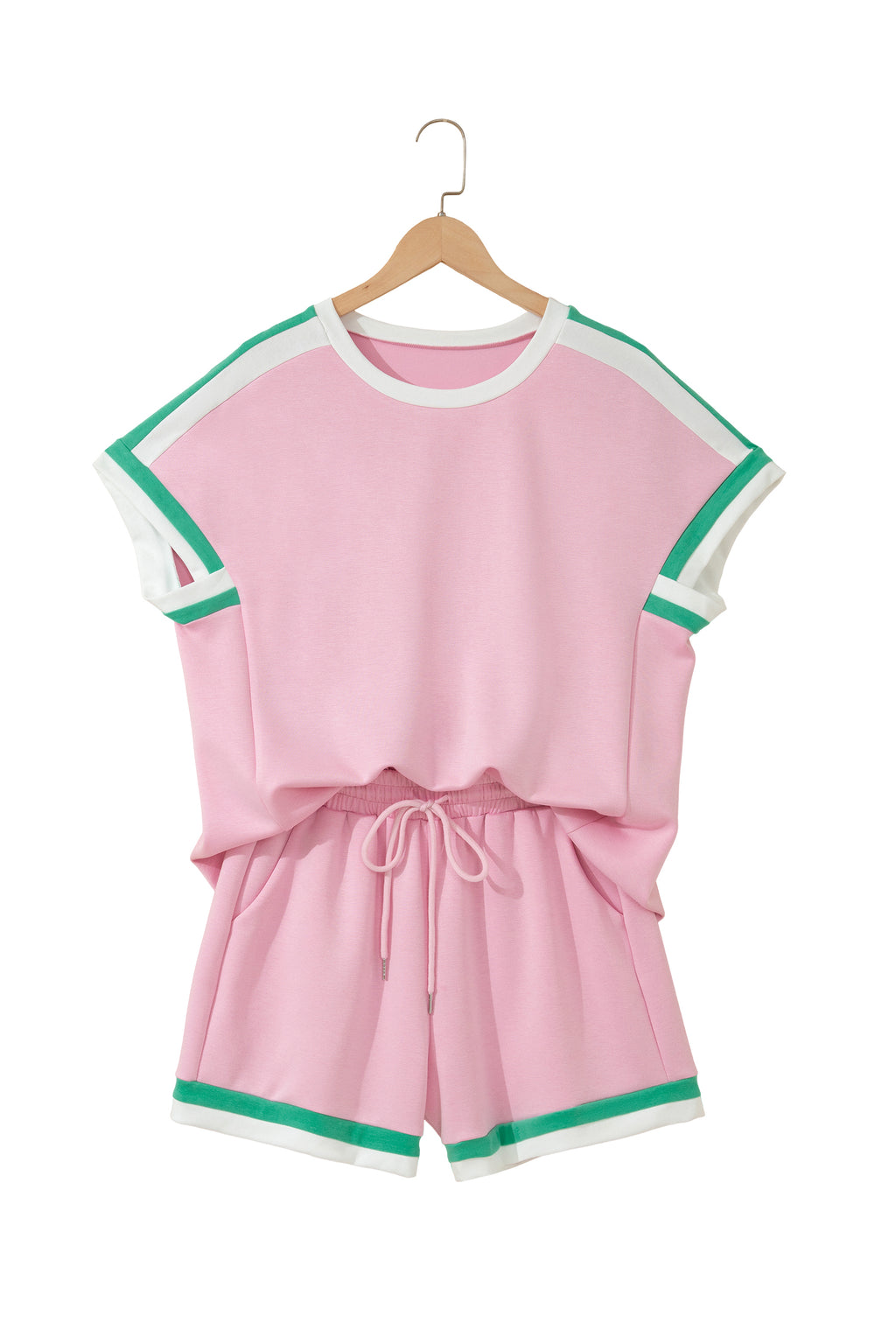 Bonbon Striped Trim Casual Tee & Drawstring Shorts 2pcs Set