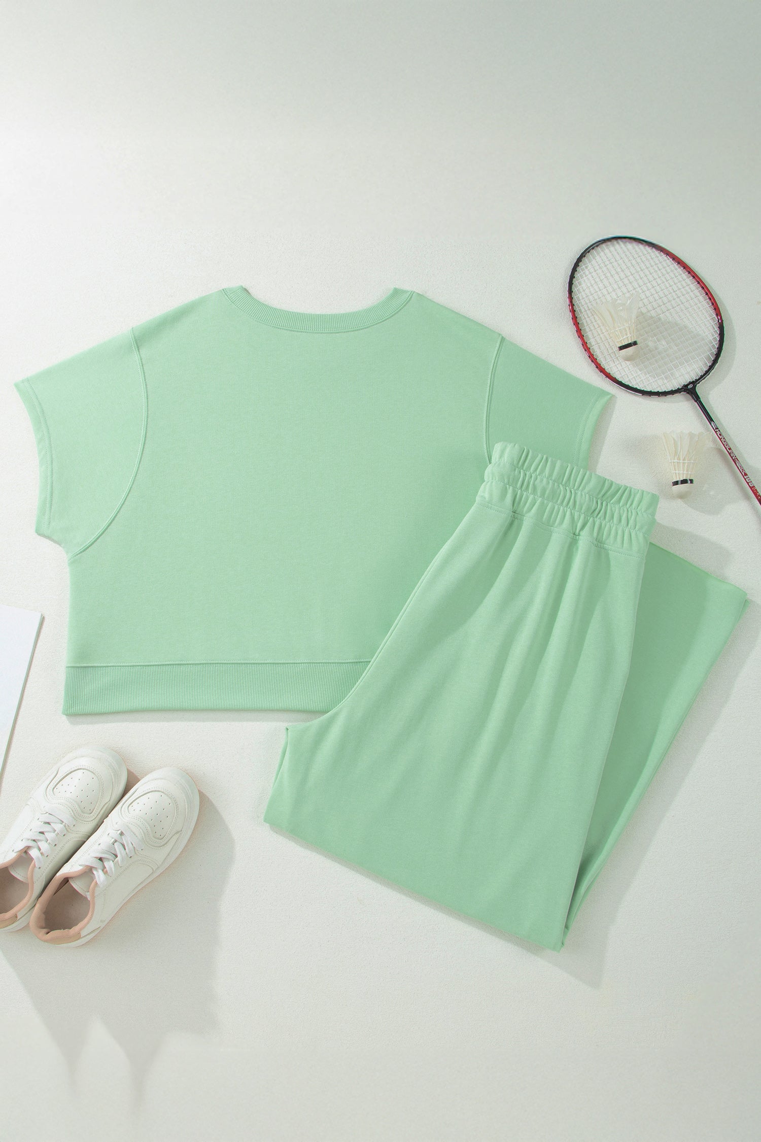 Plus Size Aqua Ribbed Trim Short Sleeve Top & Drawstring Loose Pants 2pcs Outfit