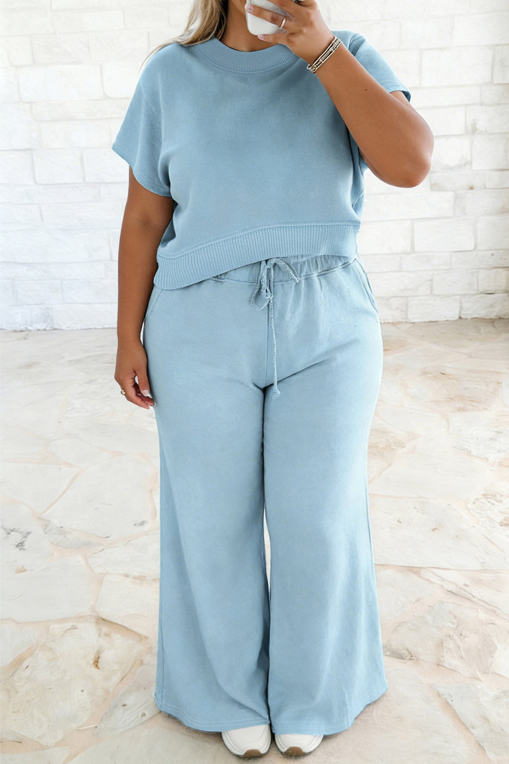Plus Size Mist Blue Ribbed Trim Short Sleeve Top & Drawstring Pants 2pcs Outfit
