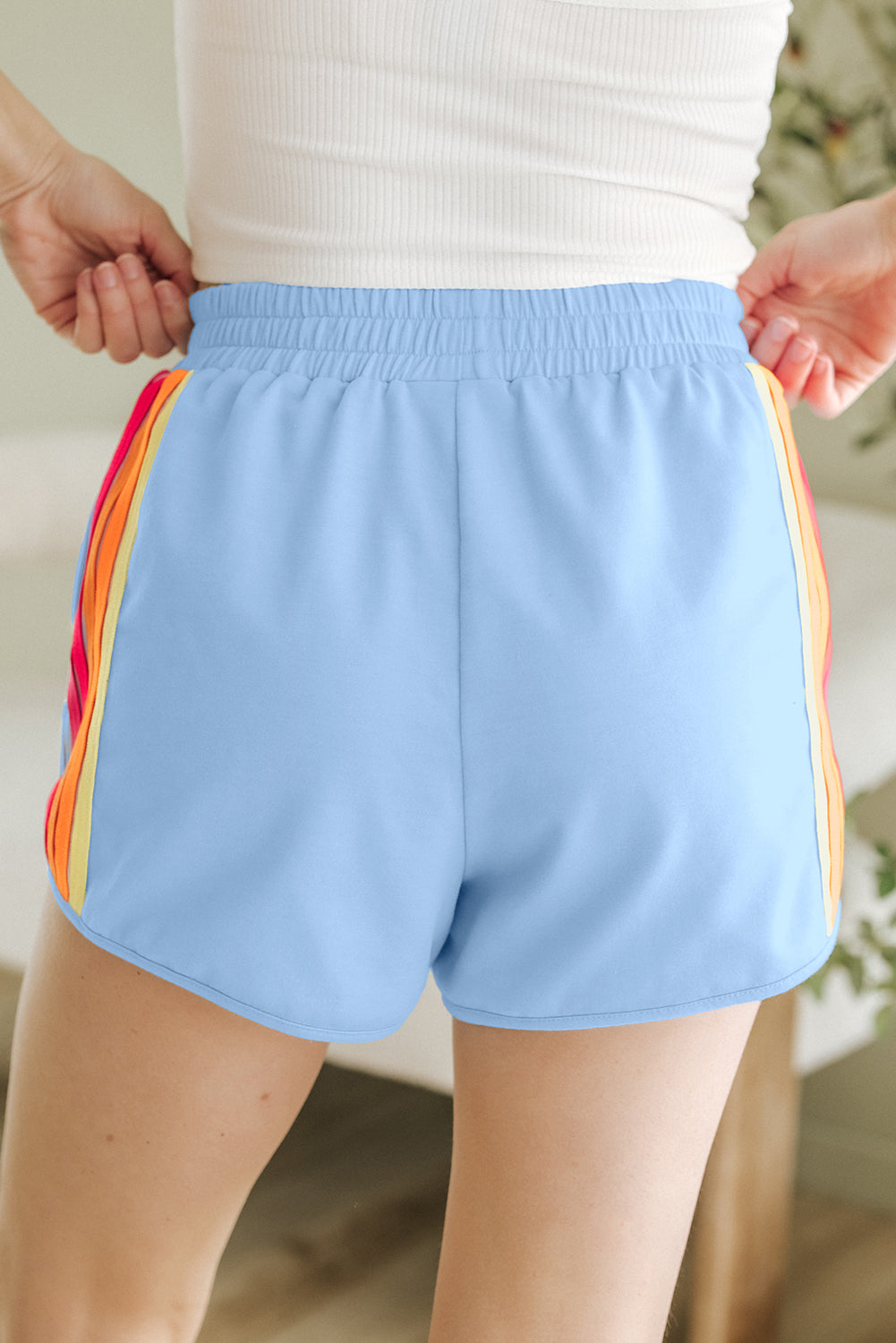 Beau Blue Elastic & High Waste Active Shorts With Color Block Stripes