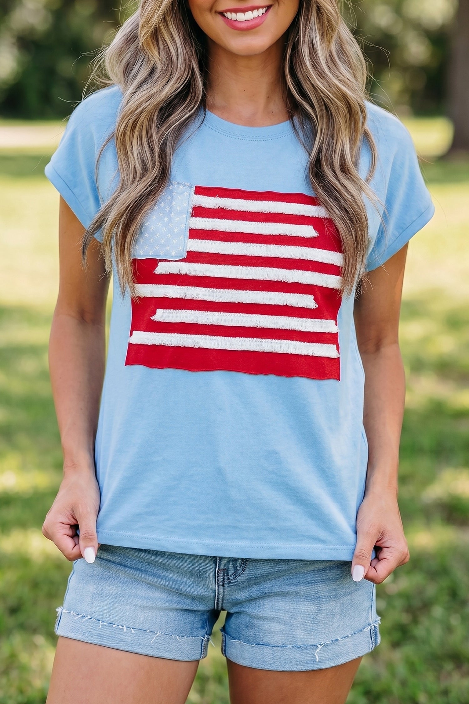 Mist Blue USA Flag Tee With Textured Patchwork Cap Sleeves