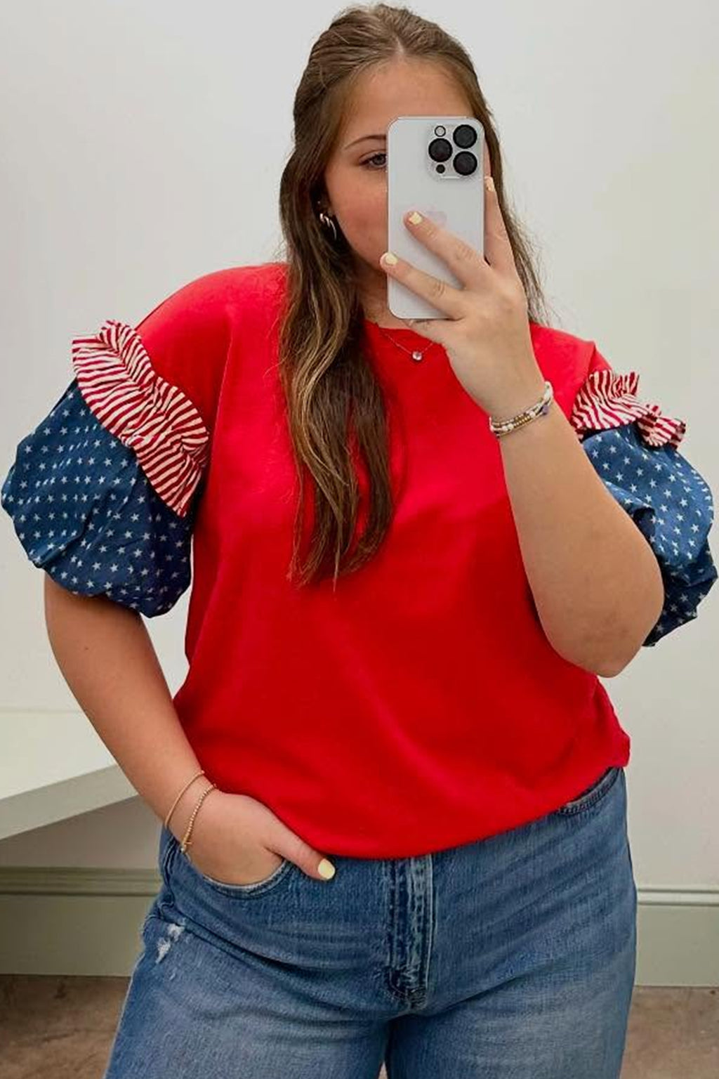 Plus Size Fiery Red Striped Ruffles Star Short Bubble Sleeve Patchwork Top
