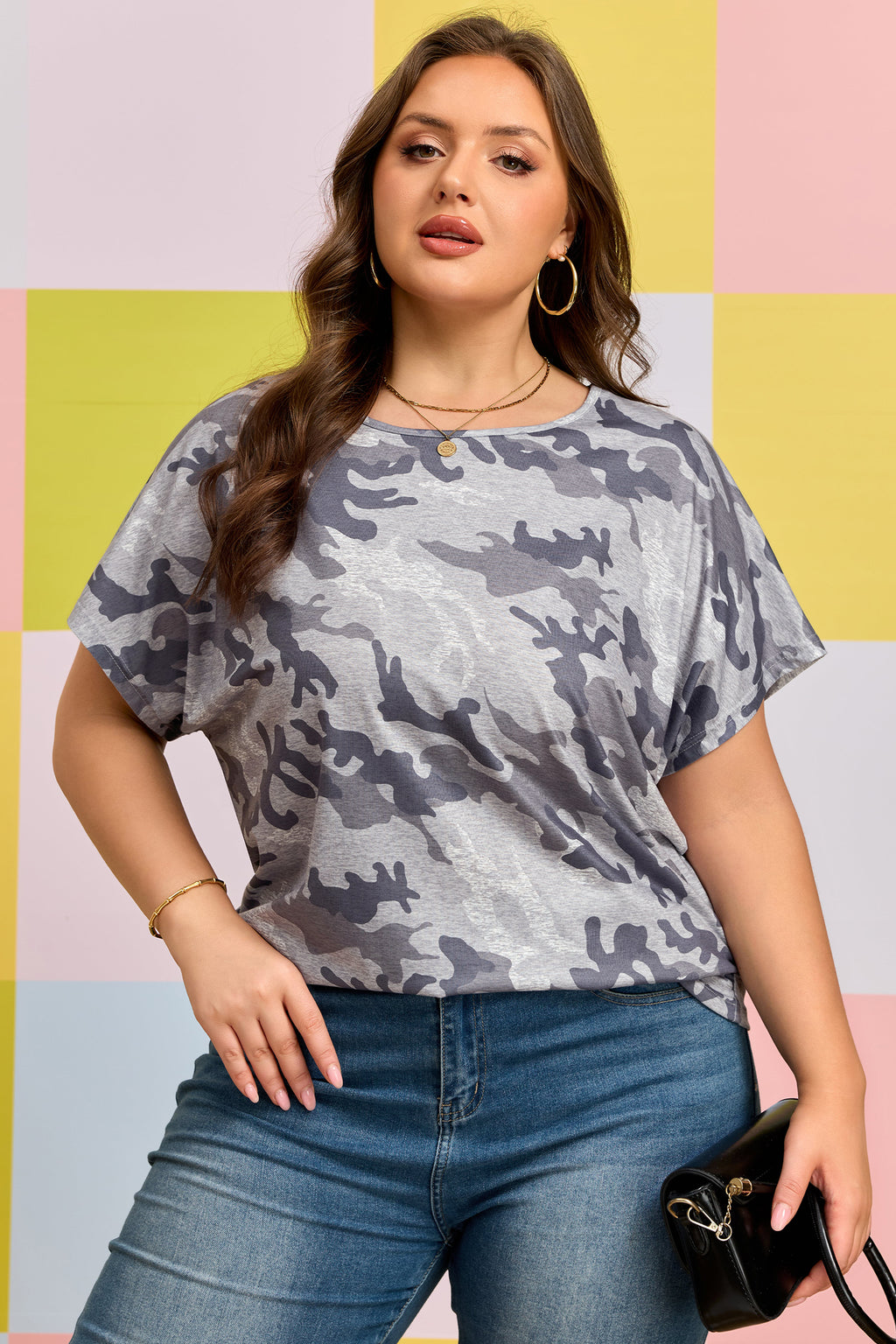 Plus Size Gray Camo Print Casual Tee