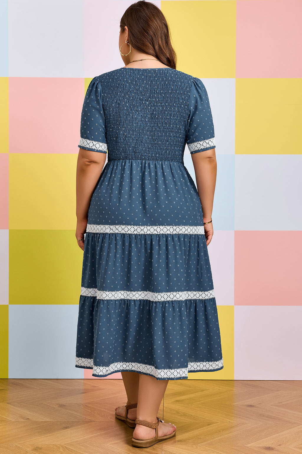 Plus Size Dusk Blue V-Neck Flared Midi Dress With Swiss Dot & Lace Patchwork Detail