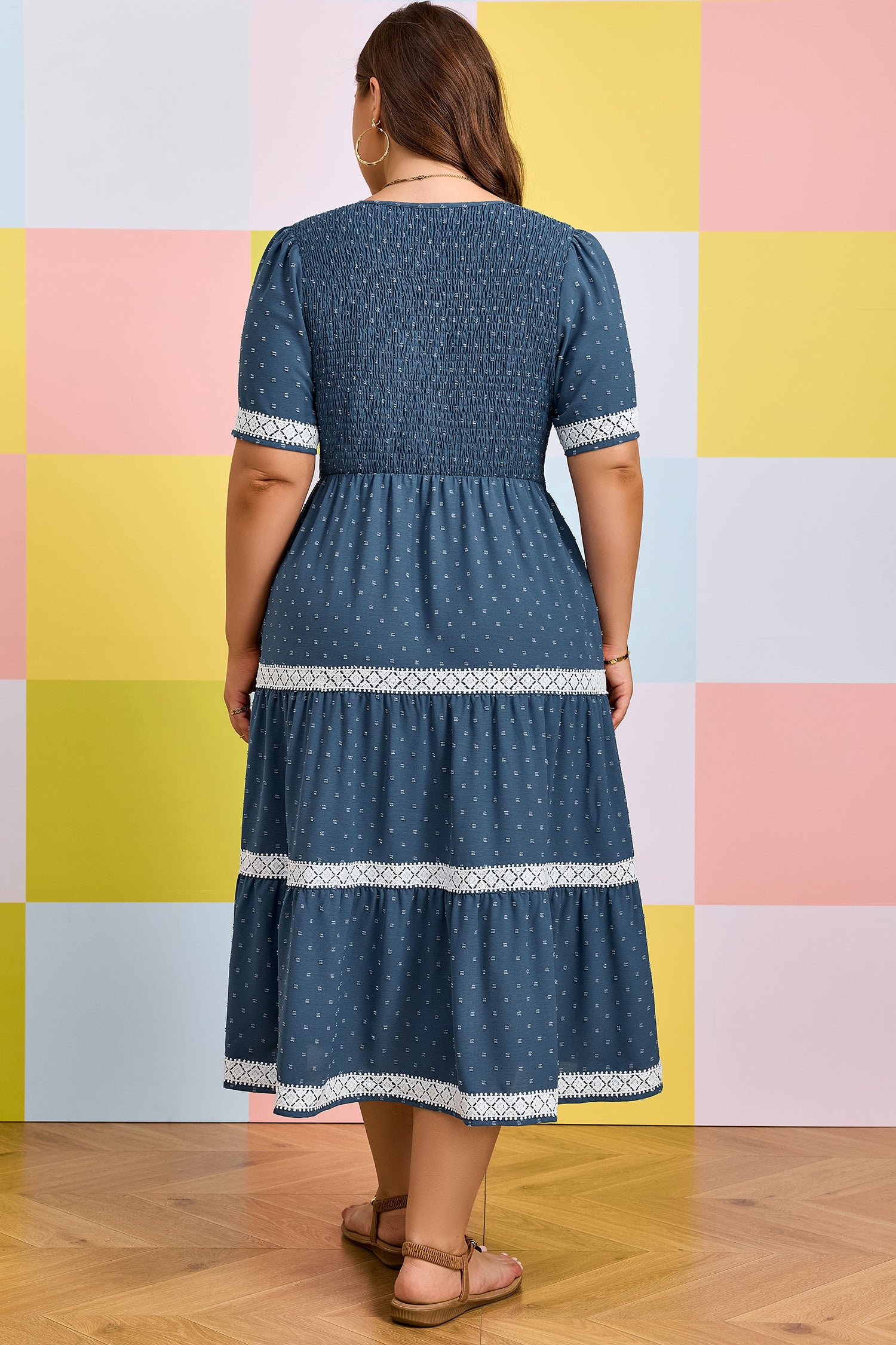 Plus Size Dusk Blue V-Neck Flared Midi Dress With Swiss Dot & Lace Patchwork Detail
