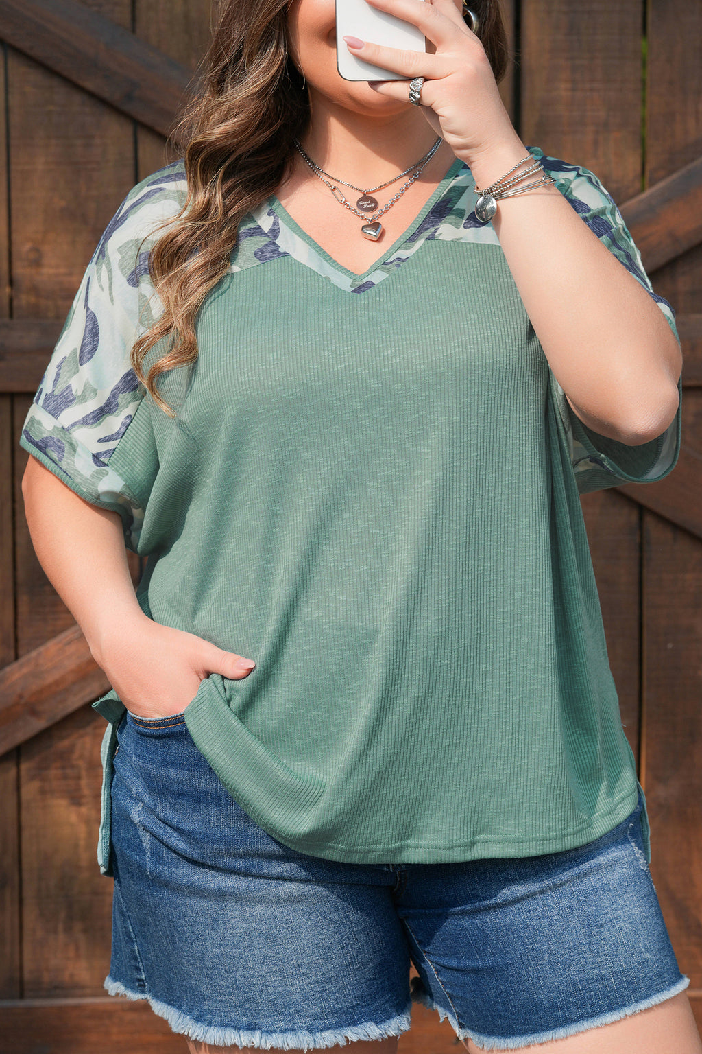 Plus Size Mist Green Ribbed With Camouflage Patchwork V-Neck Tee