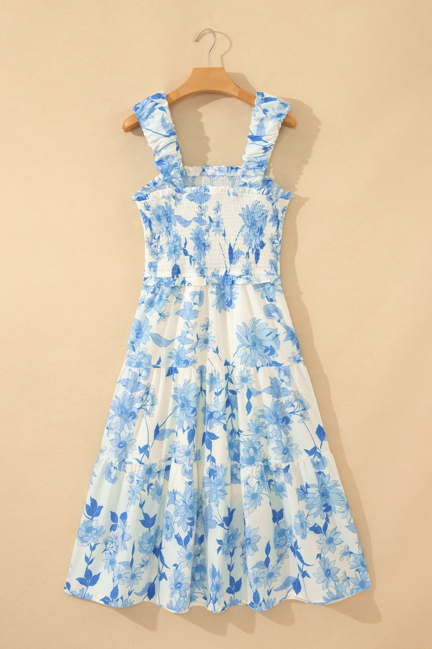 Sky Blue Ruffled Straps Smocked High Waist Floral Maxi Dress