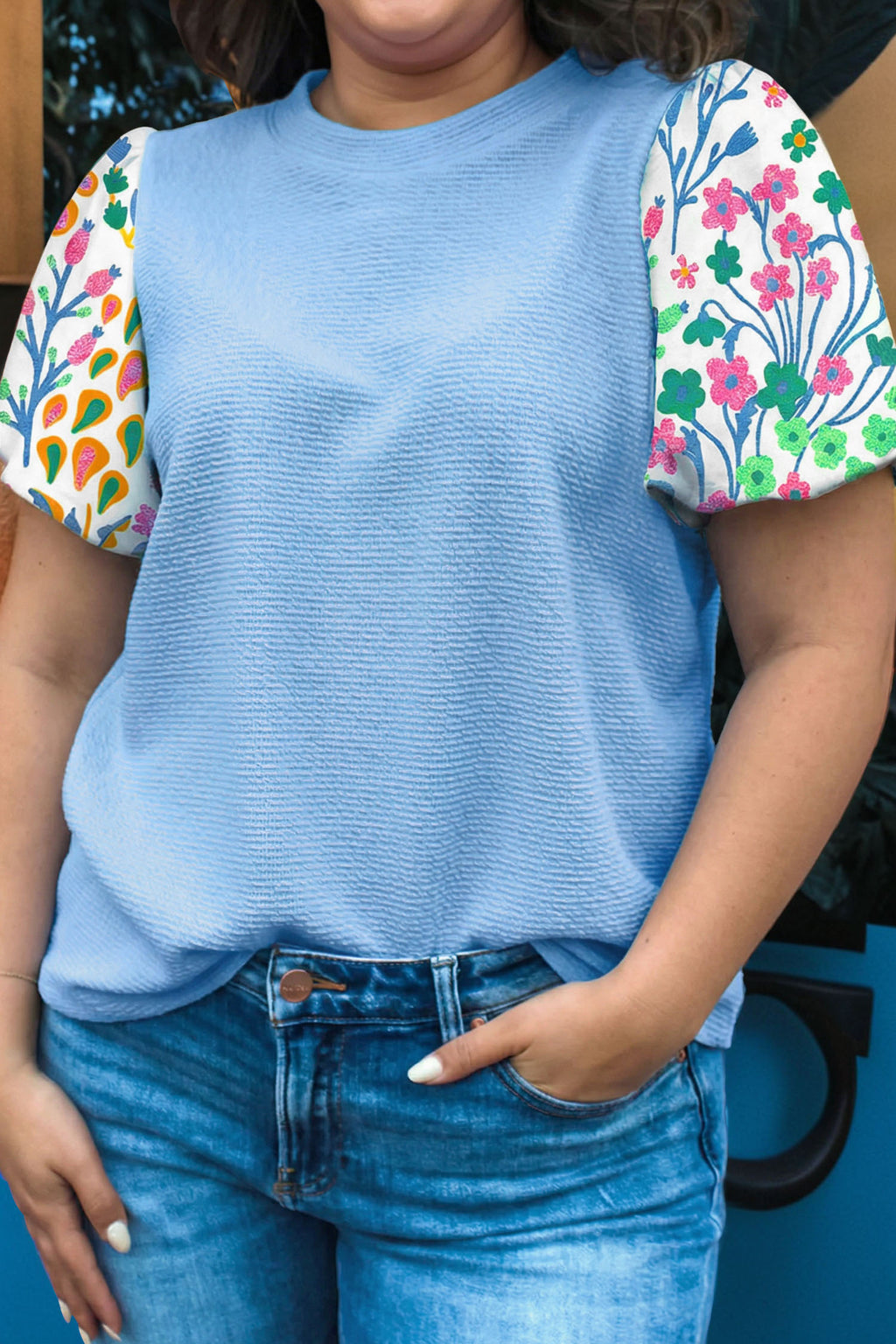 Plus Size Light Blue Textured Bodice Top With Contrast Floral Sleeves