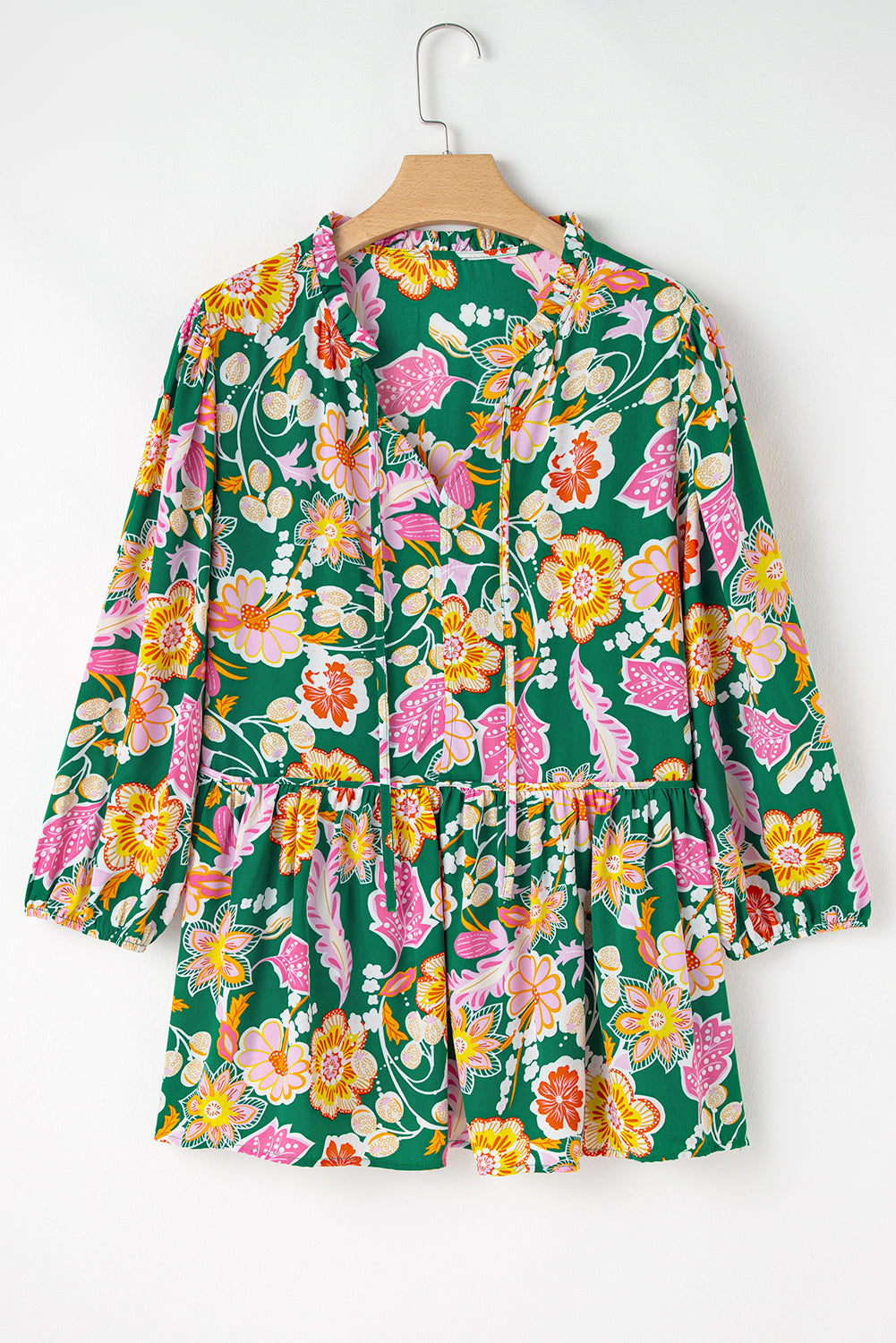 Plus Size Green Floral Print Long Sleeve V-Neck Babydoll Top