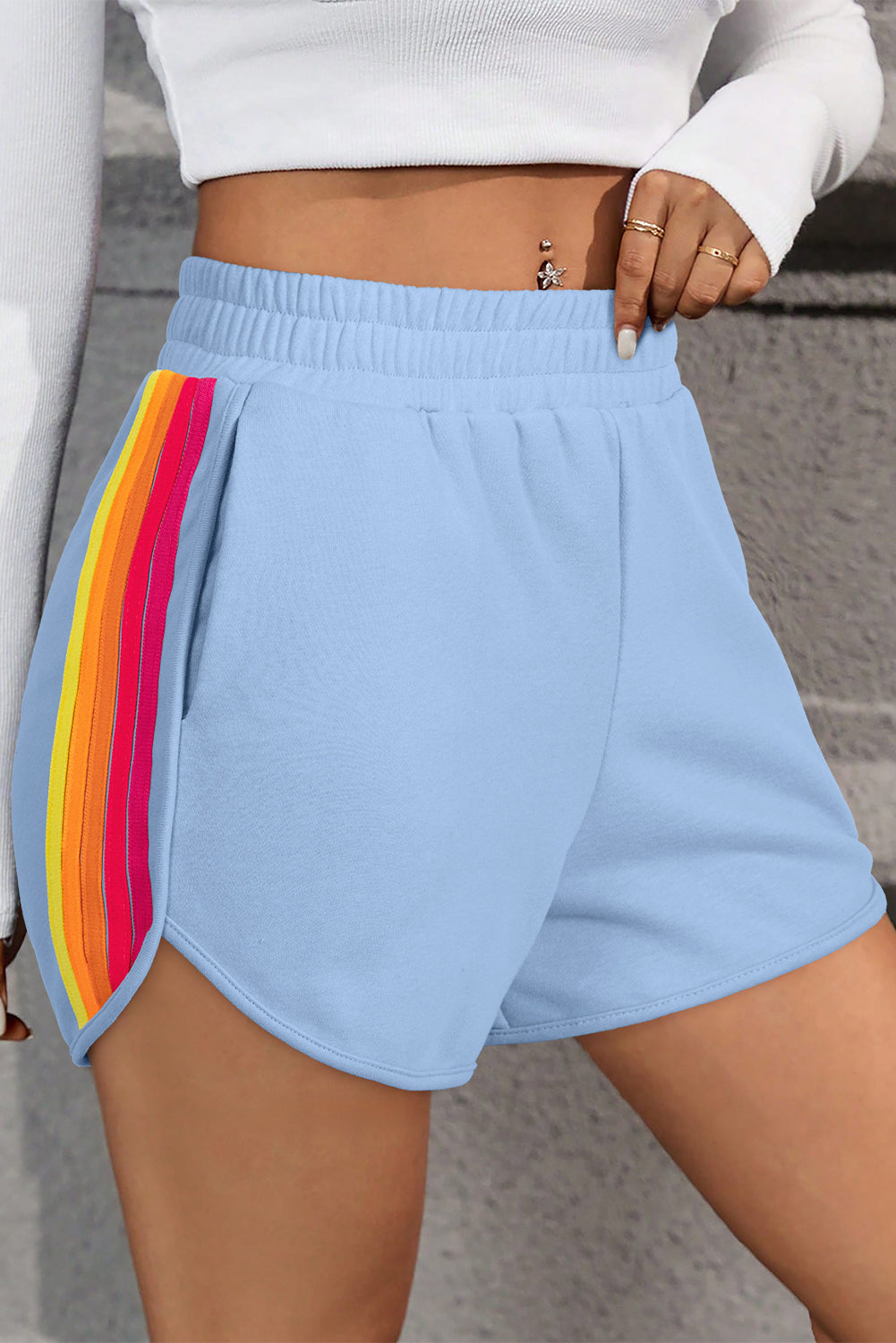 Beau Blue Elastic & High Waste Active Shorts With Color Block Stripes