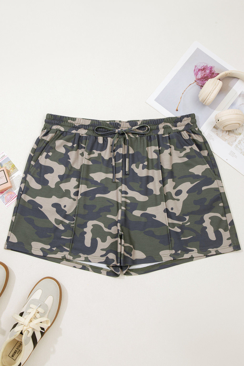 Plus Size Green Tie Waist Pocketed Camo Shorts