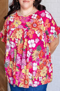 Plus Size Pink Floral Print Short, Ruffle Sleeve Blouse