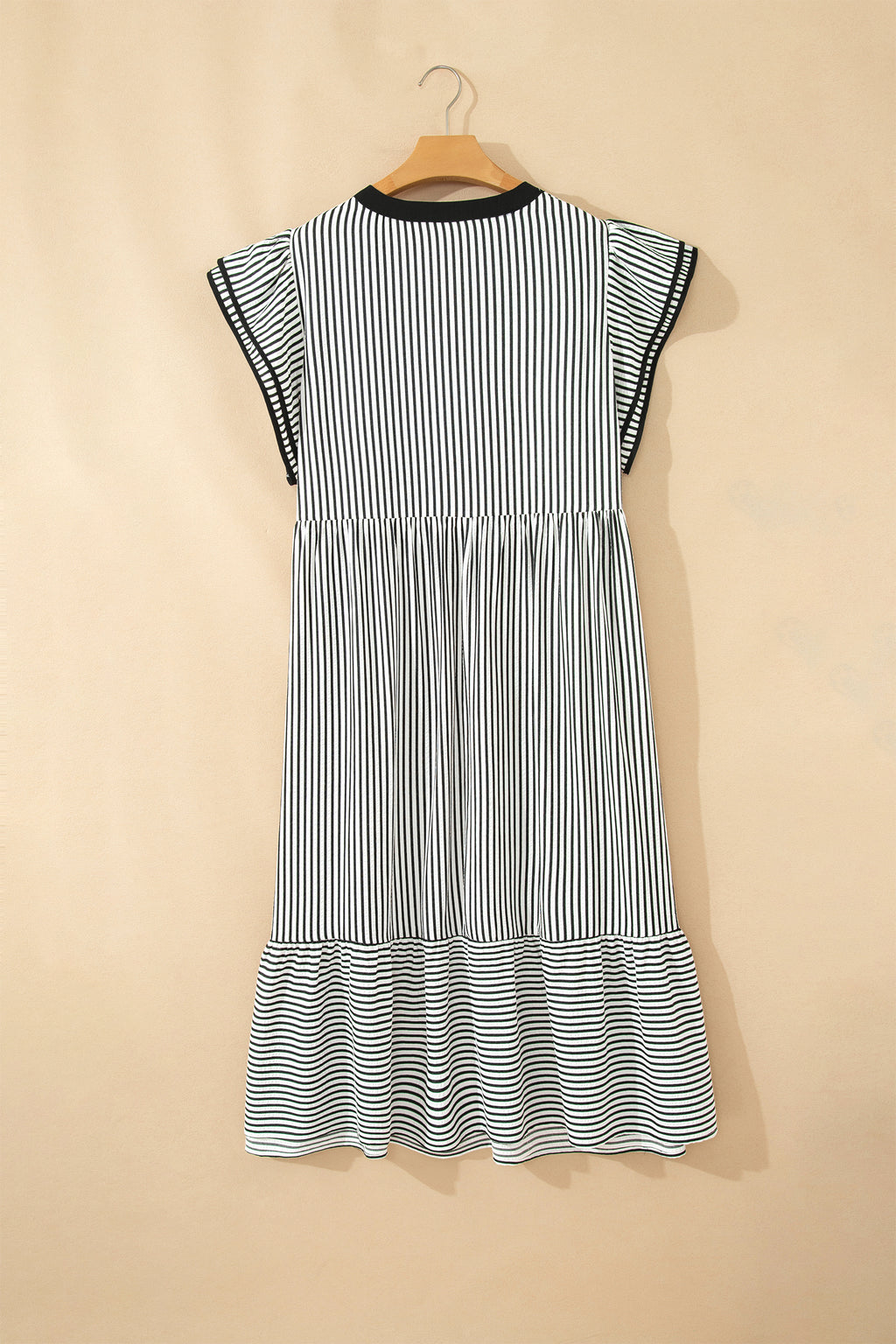 Plus Size Black Stripe Slit V-Neck Tiered Maxi Dress With Flutter Sleeves