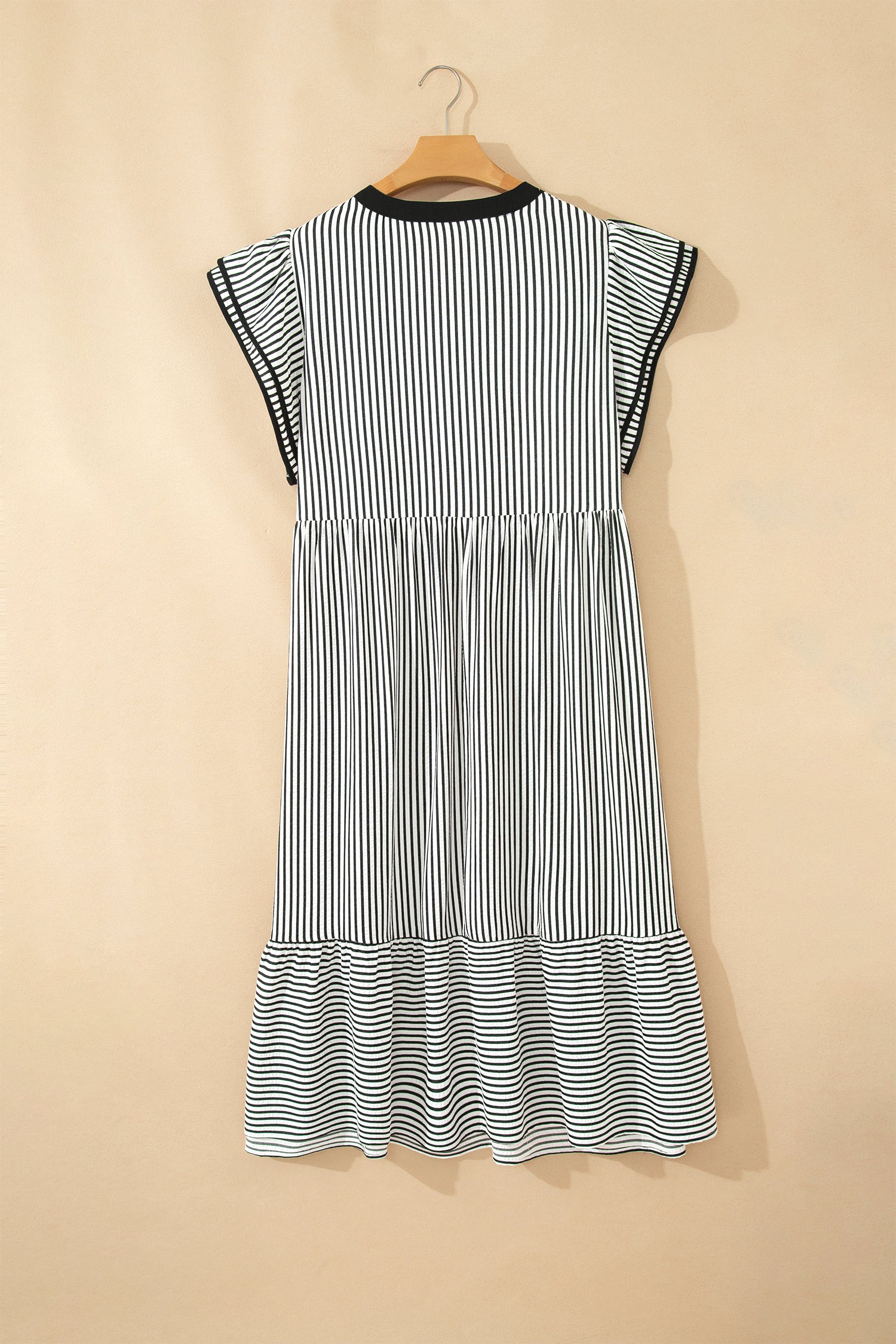 Plus Size Black Stripe Slit V-Neck Tiered Maxi Dress With Flutter Sleeves