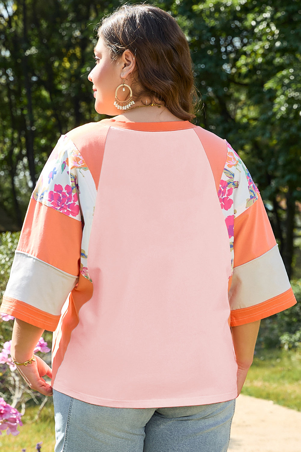 Plus Size Orange Floral Print Patchwork Half Sleeve Raglan Top