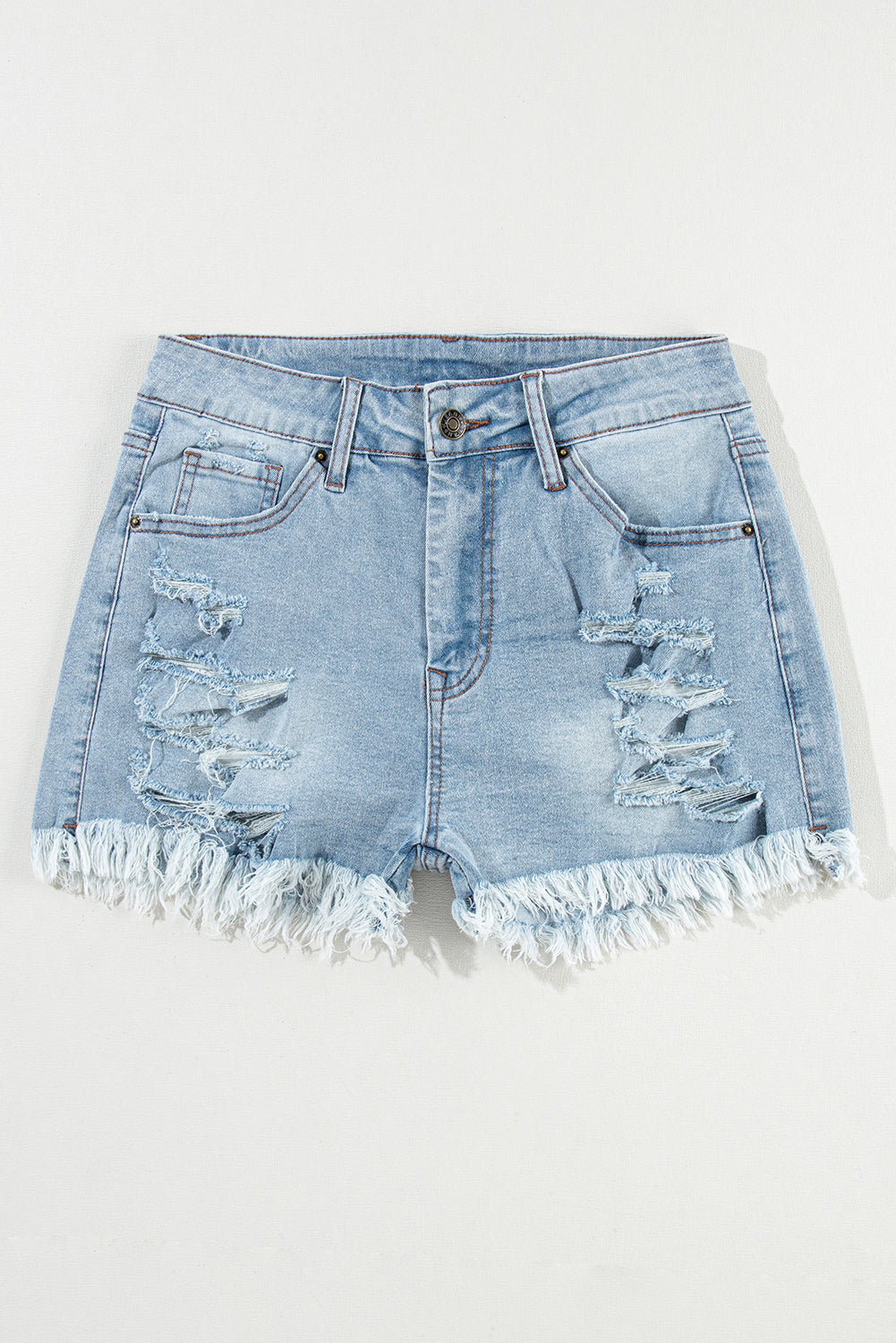 Light Blue High Waist Distressed Denim Shorts With Ripped Raw Hem