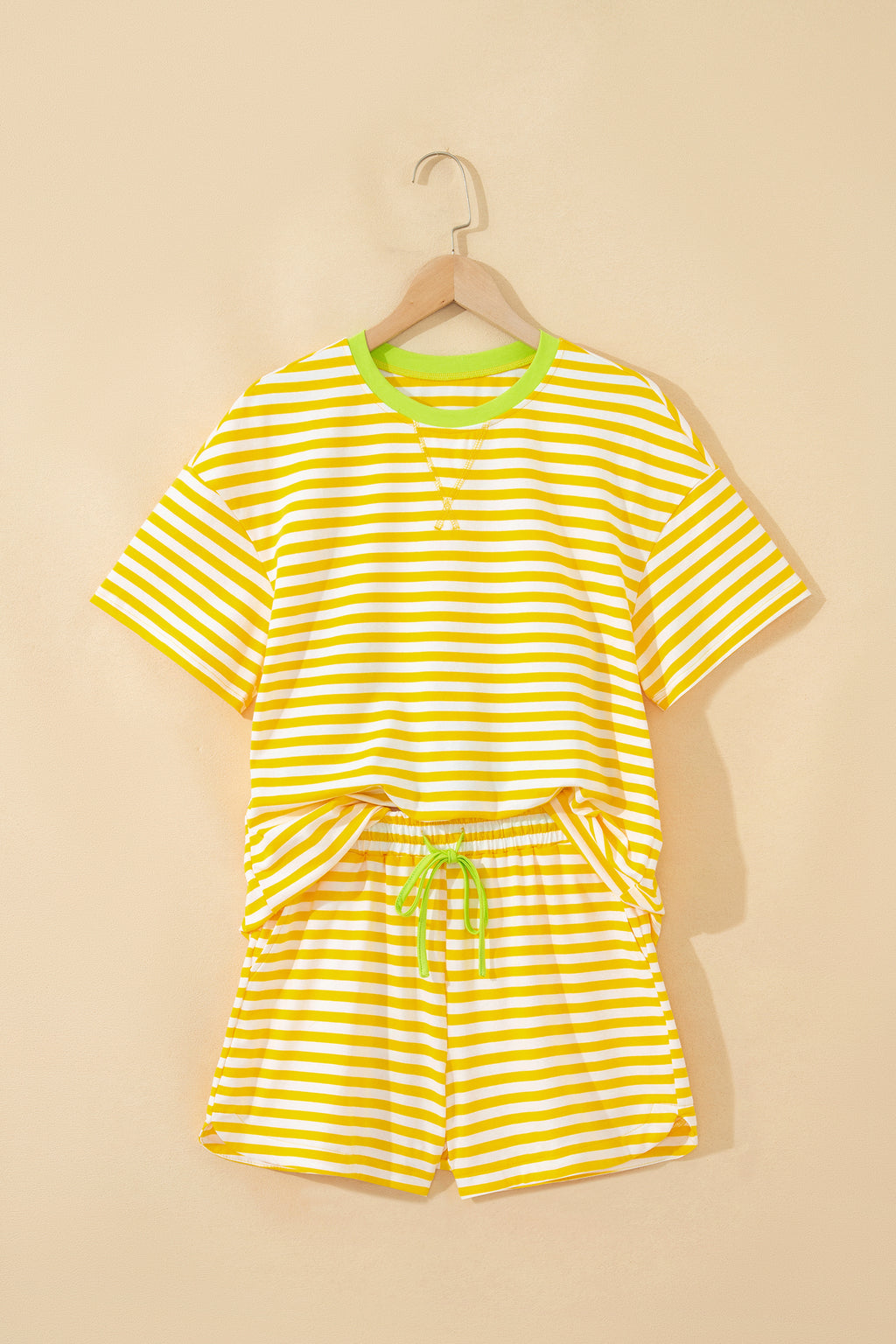 Yellow Stripe Loose Tee and Drawstring Shorts Set