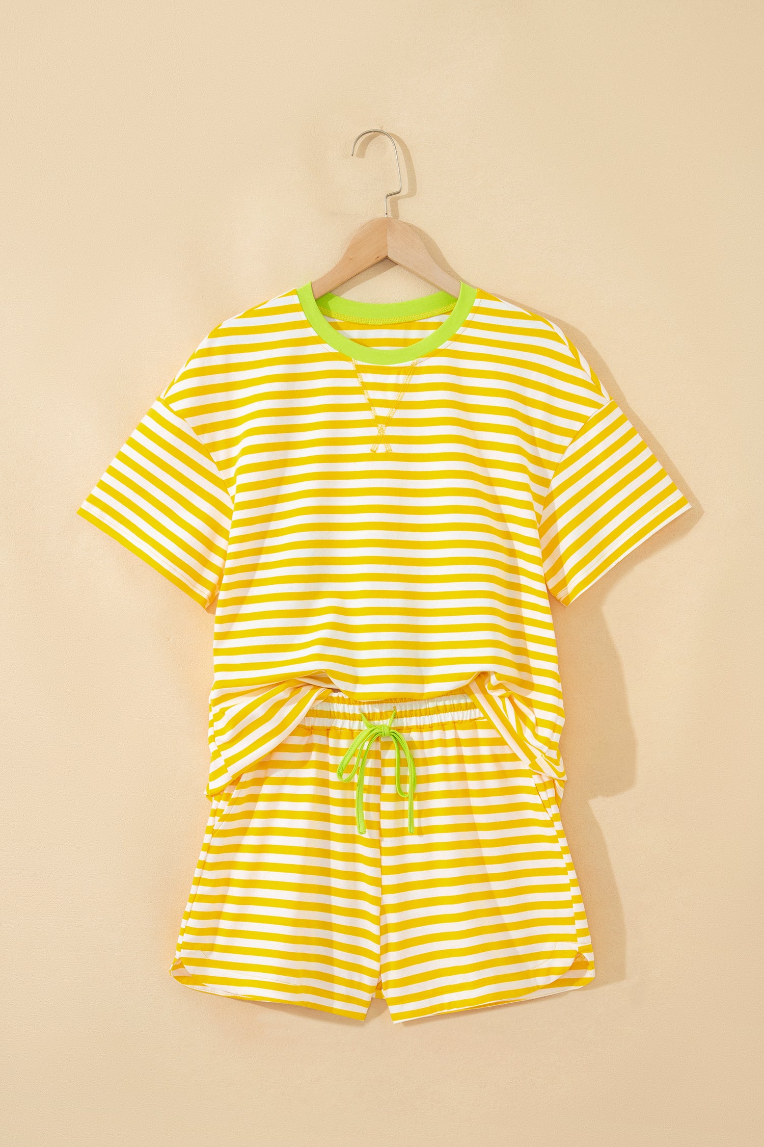 Yellow Stripe Loose Tee and Drawstring Shorts Set