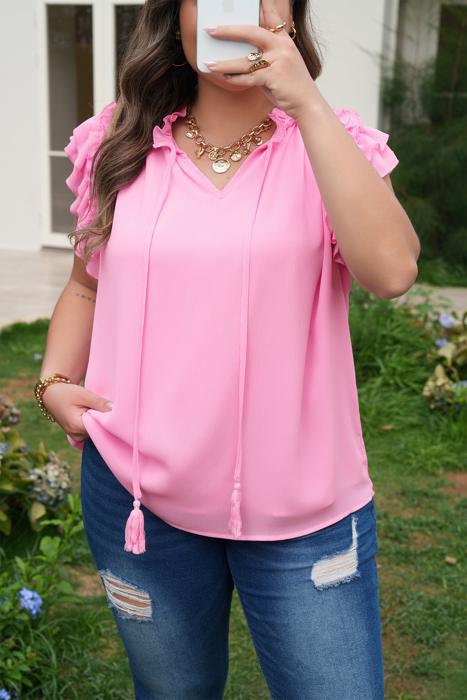 Plus Size Bonbon V Neck Short Sleeve Ruffle Blouse With Textured Tassel Tie