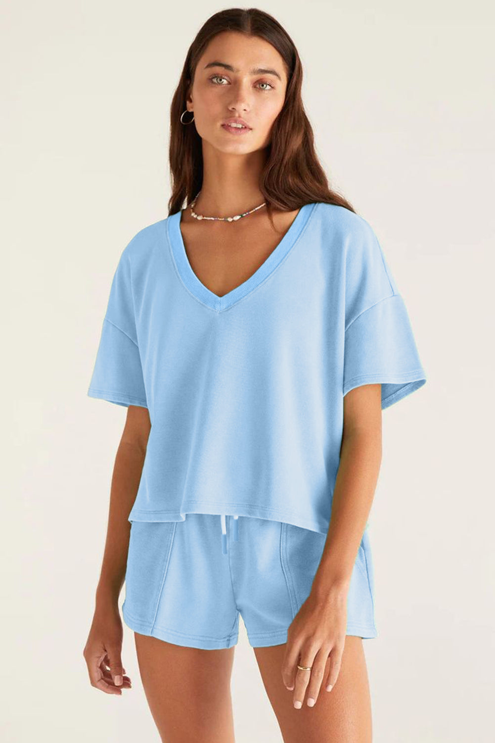 V-Neck Drop Shoulder Tee & Patchwork Shorts With Drawstring & Elastic Waistband 2pc set