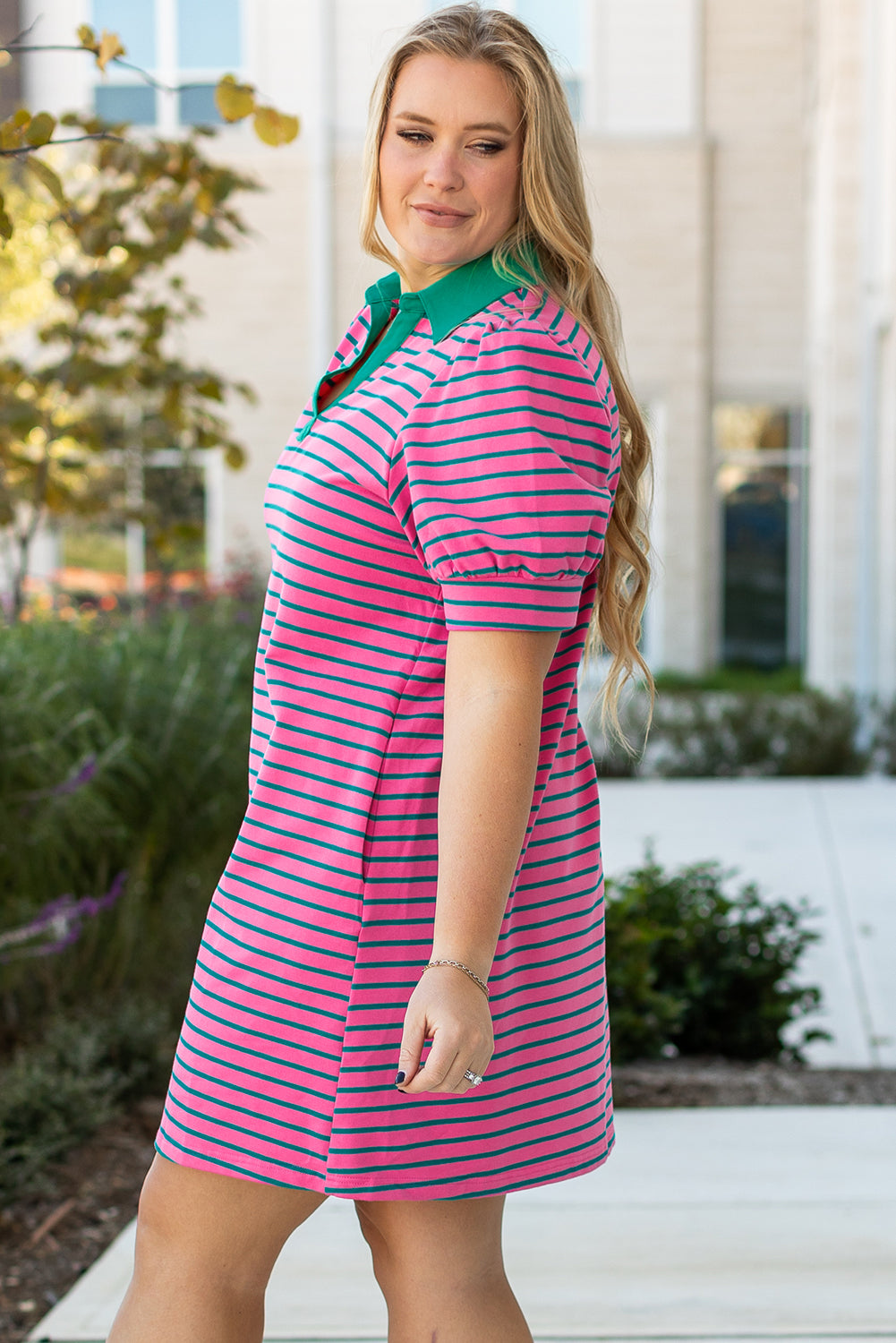 Plus Size Rose Stripe Collared      V-Neck T-Shirt Dress with Puff Sleeves & Pockets