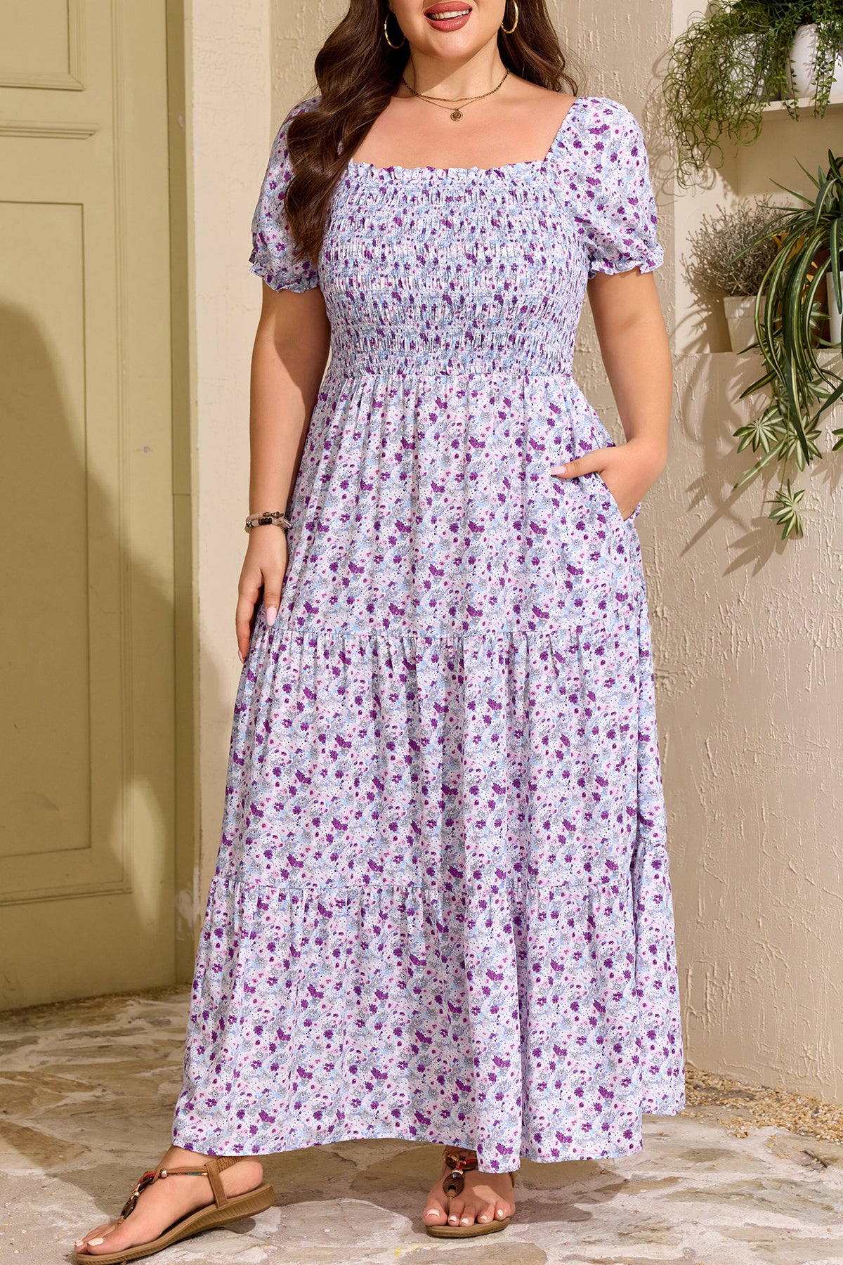 Plus Size Purple Floral Print Smocked Maxi Dress With Square Neck