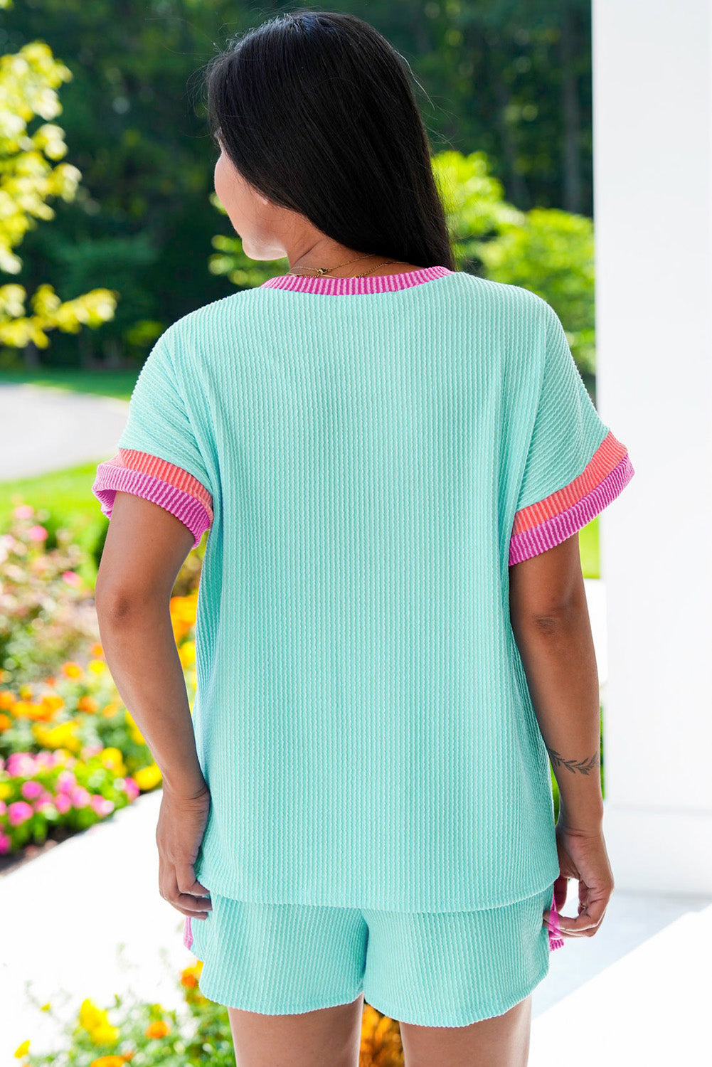 Plus Size Color Block Corded Knit Tee and Shorts Set