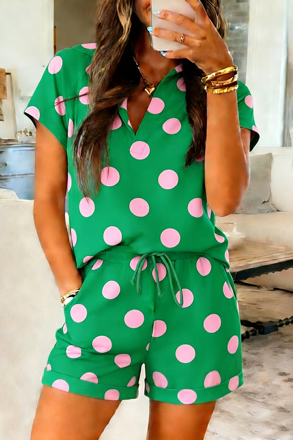 Green Polka Dot Print V-Neck Tee & Shorts 2pc Set