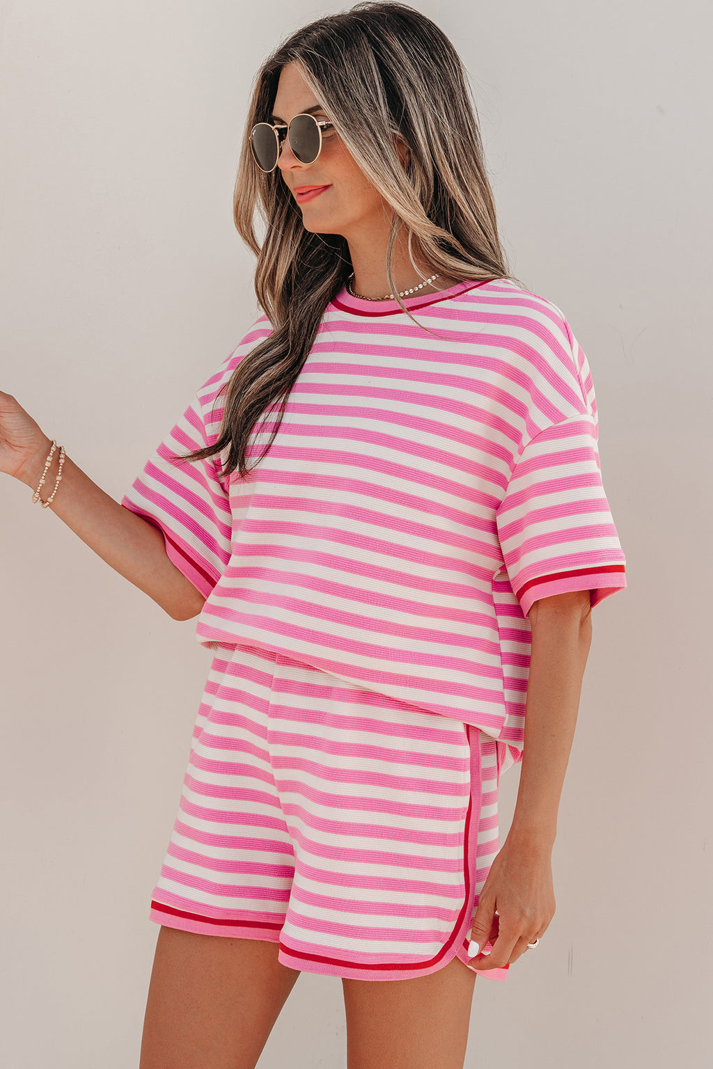 Pink Stripe Short Sleeve Top & Loose Shorts 2pcs Casual Outfit