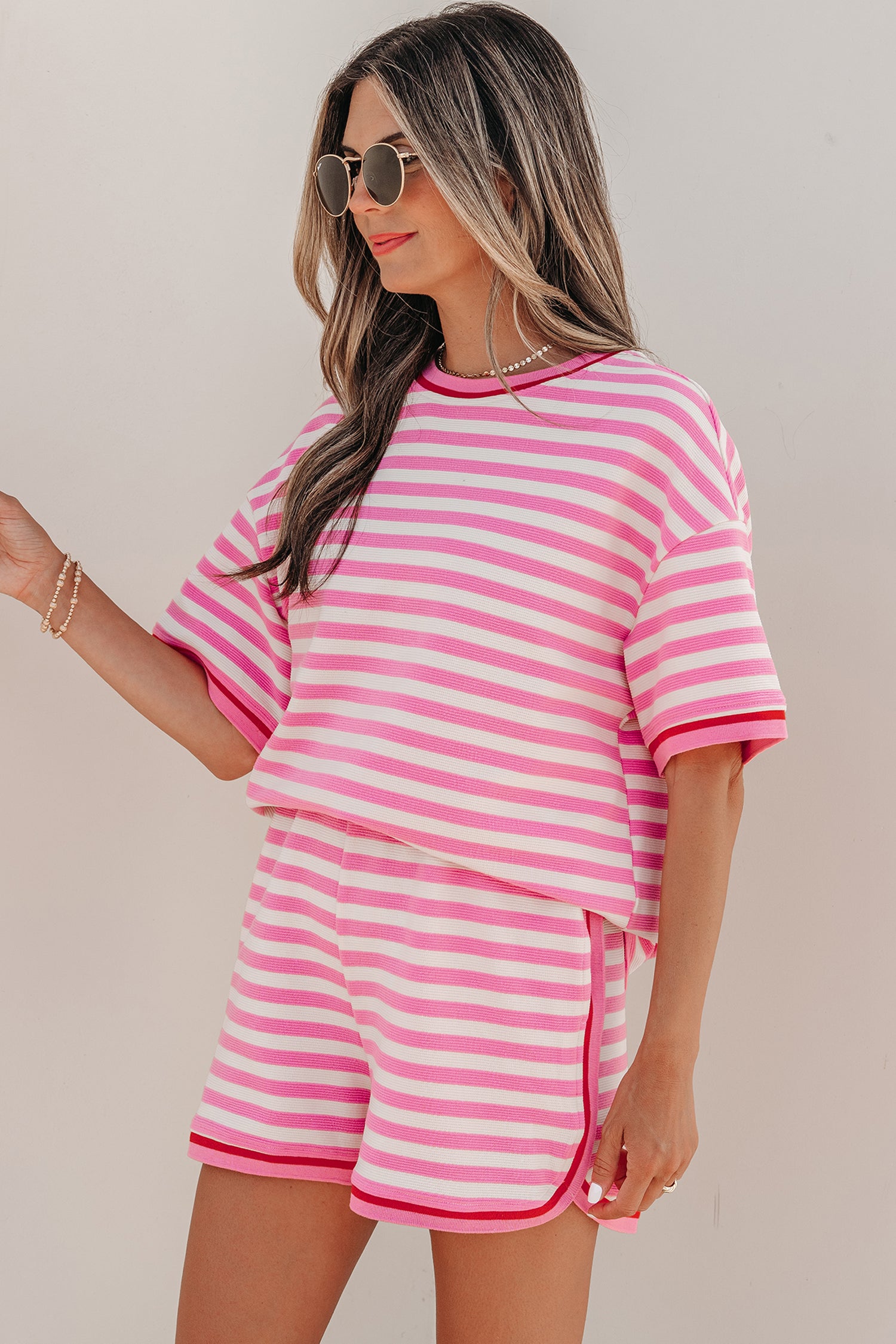 Pink Stripe Short Sleeve Top & Loose Shorts 2pcs Casual Outfit