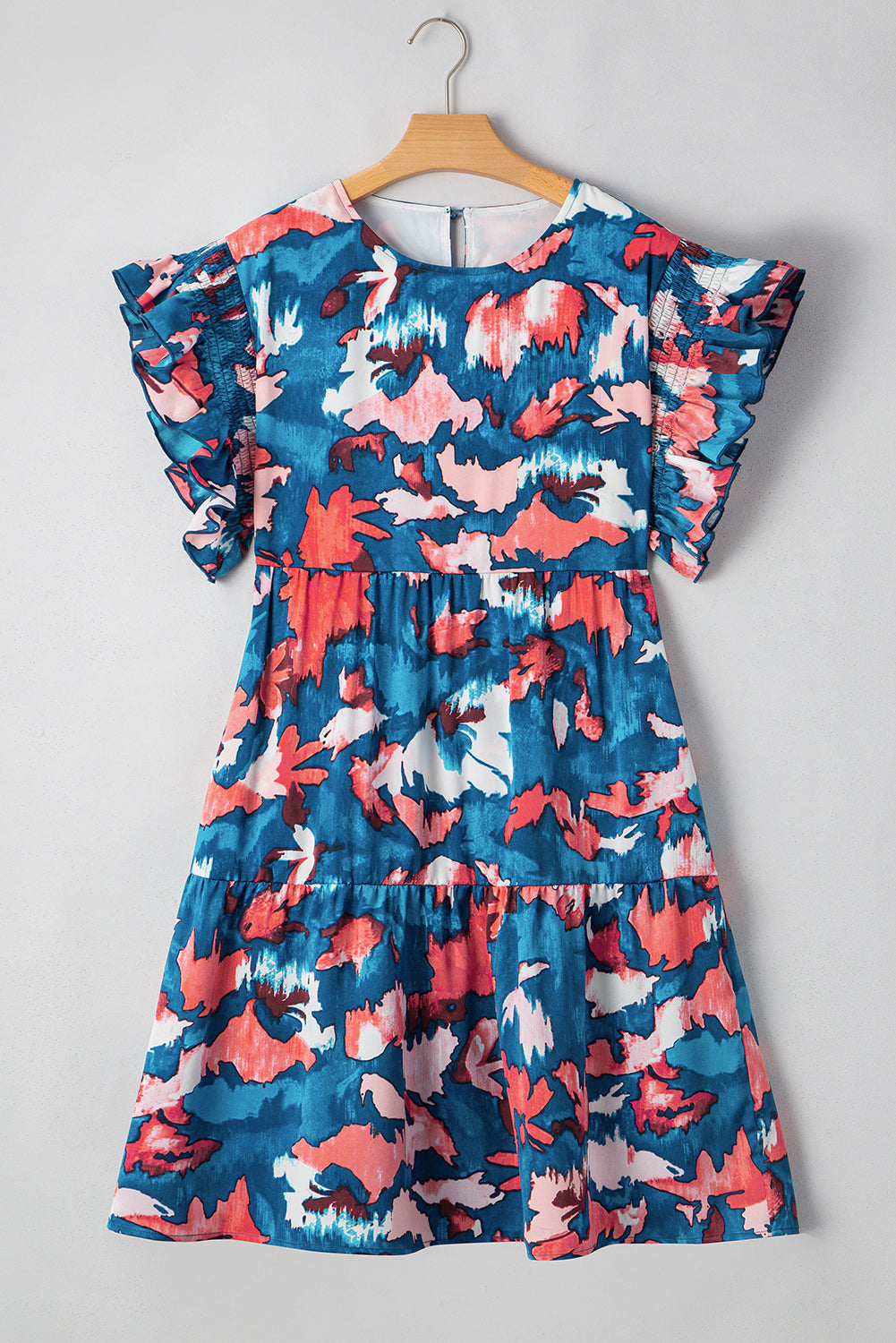 Plus Size Blue Abstract Print Tiered Mini Dress With Shirred & Ruffled Short Sleeves