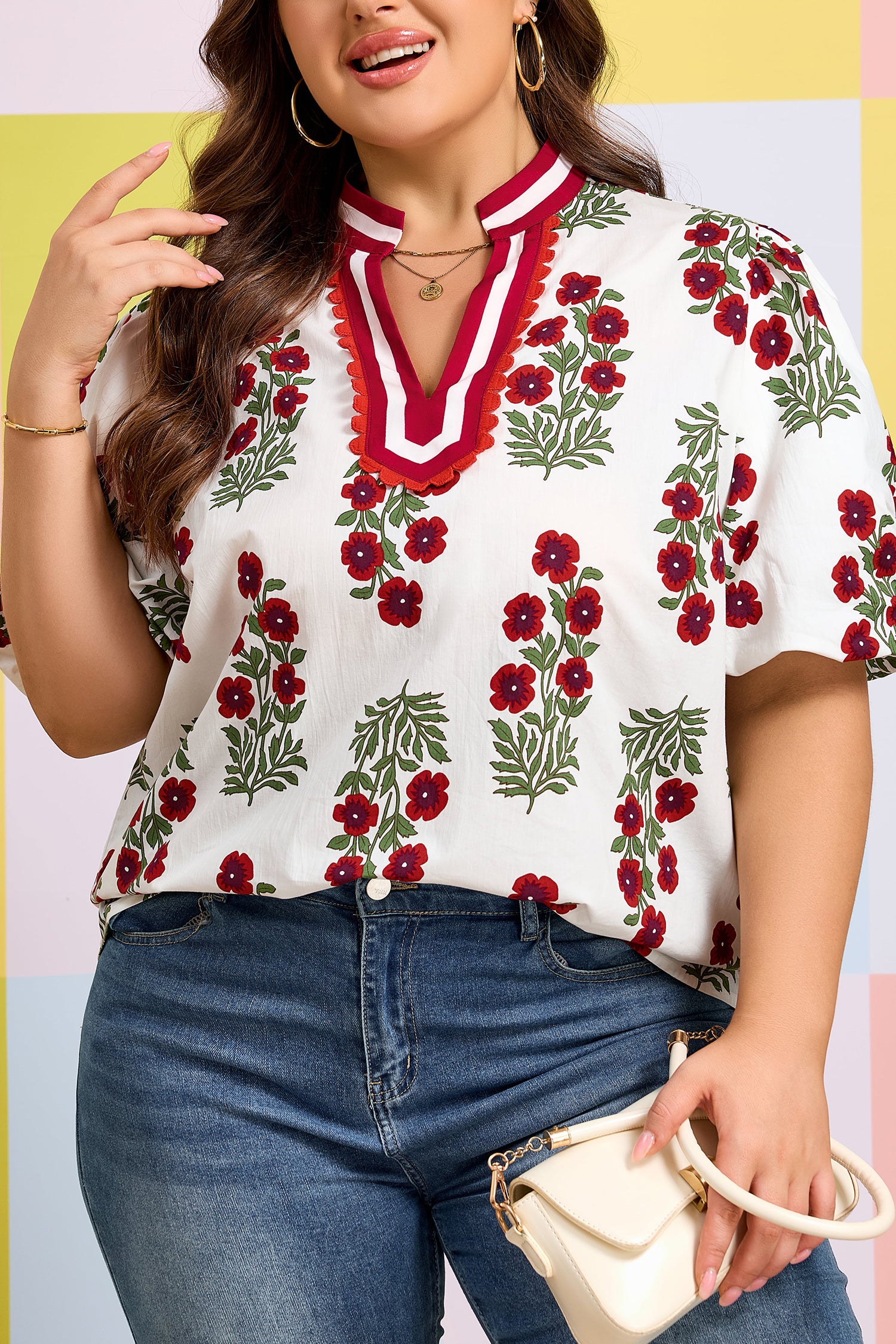 Plus Size White Short Sleeve Cotton Blouse With Floral Print Ricrac Striped Trim