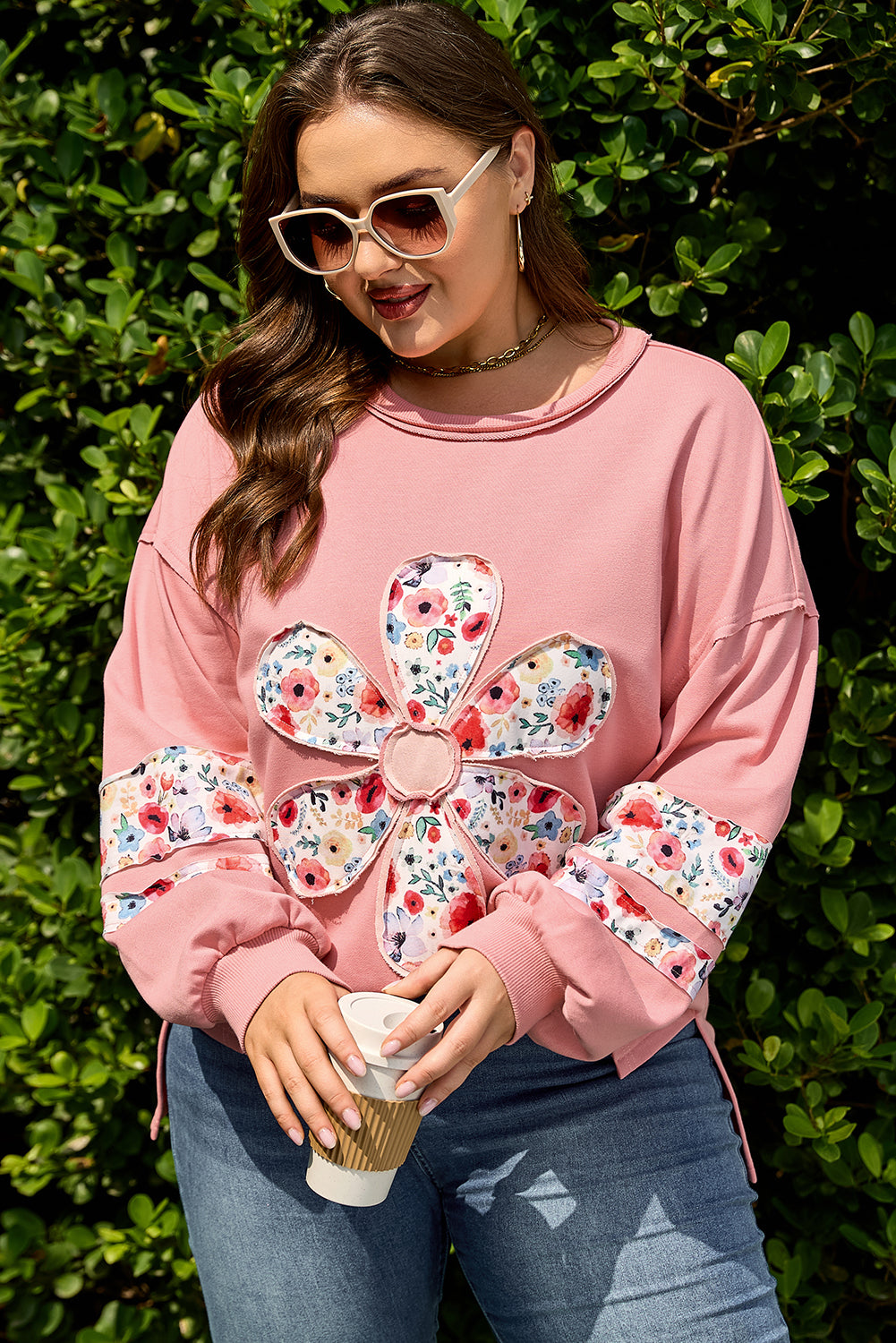 Plus Size Peach With Floral Applique Drop Shoulder Sweatshirt