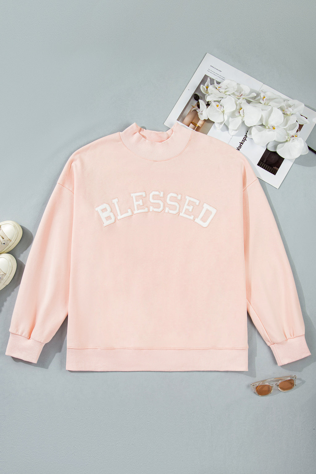 Plus Size Light Pink Mock Neck Sweatshirt With Embroidered BLESSED Graphic